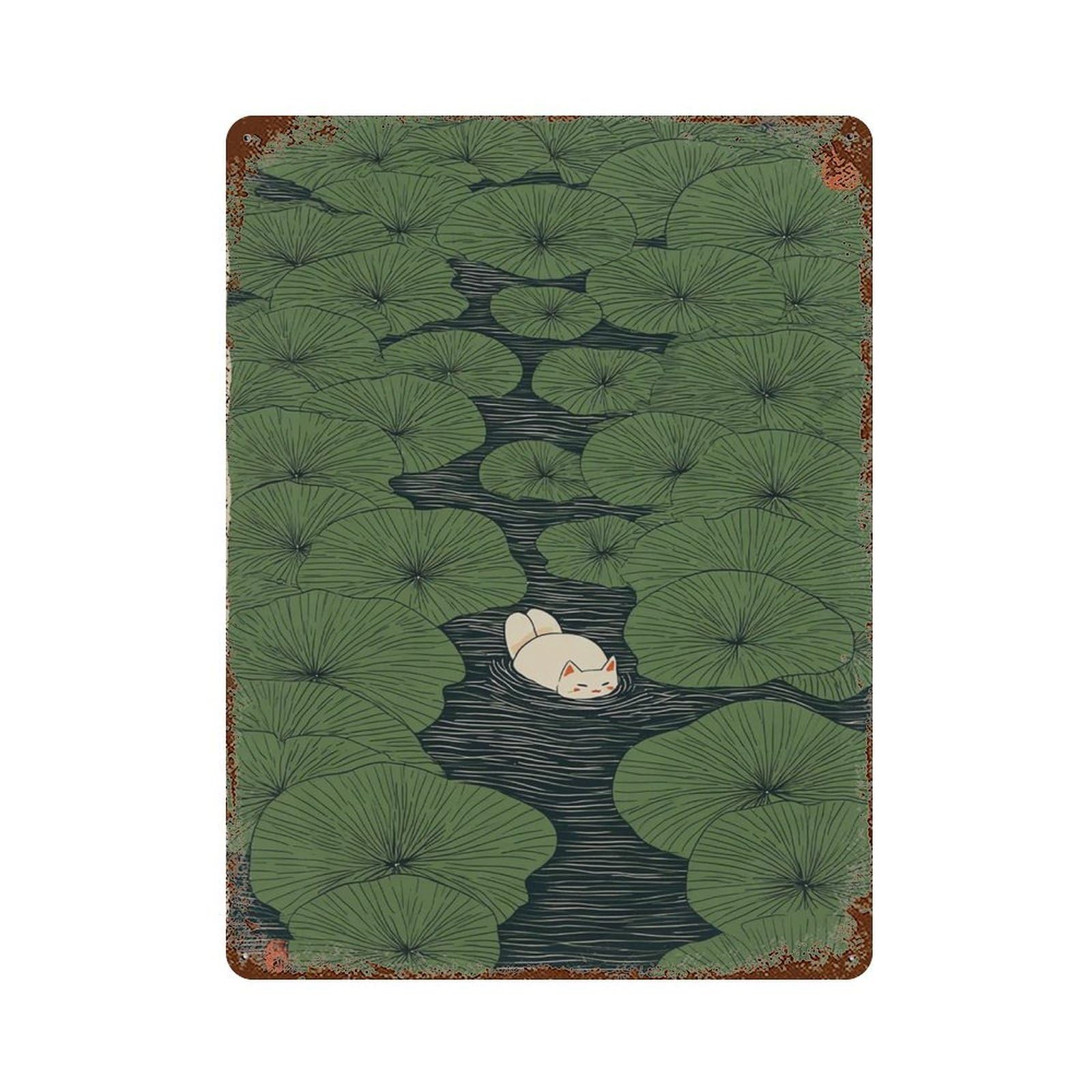 xiaoxiaoshen Cat in Lily Pond Japanese Style Green Nature Whimsical Minimal Wall Decor Art Metal Tin Poster Modern Home Decor Art Home Bar Shop Decorations Vintage Sign 40x30cm
