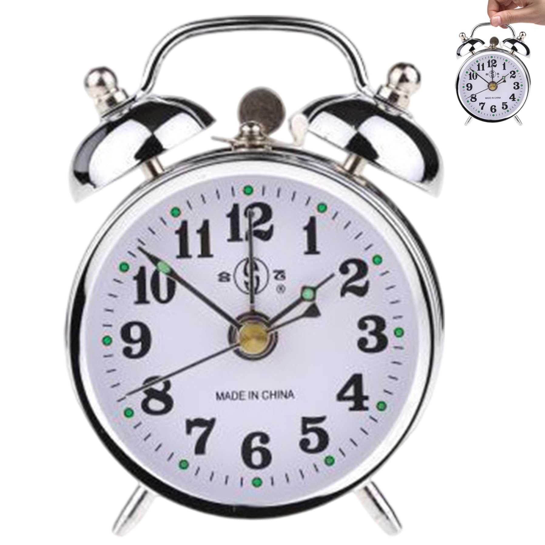 Syglawnd Wind Up Alarm Clock, Wind Up Alarm Clock, 3.94x1.97x5.51in Silver Fashion Small Metal Manual Vintage No Batteries Gifts for Home Office