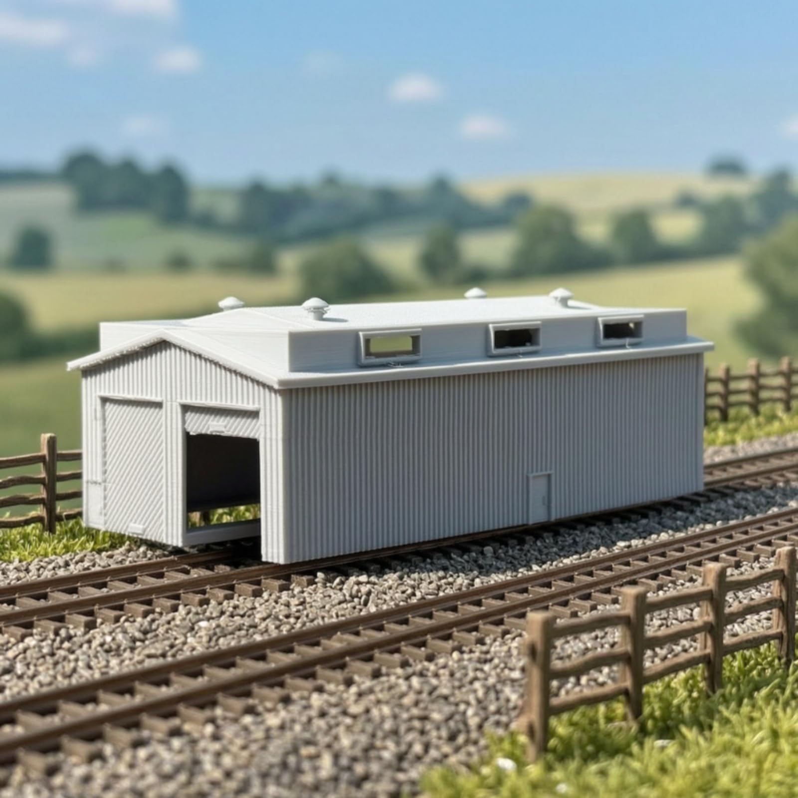 Treno in N Rimessa Ferroviaria Deposito Capannone Hangar con Finitura per Integrare Vari Scenari Adatto per Diorama Ferroviario Scalo Merci Distretto Deposito, Grigio, Porta Sinistra