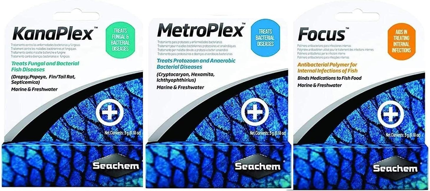 Metroplex METRONlDAZOLE Focus Kanaplex Paraguard Neoplex Sulfaplex Polyguard Garlic Guard Saltwater Freshwater Aquarium lnfection ANTlBlOTlC (Metroplex + Kanaplex + Focus)