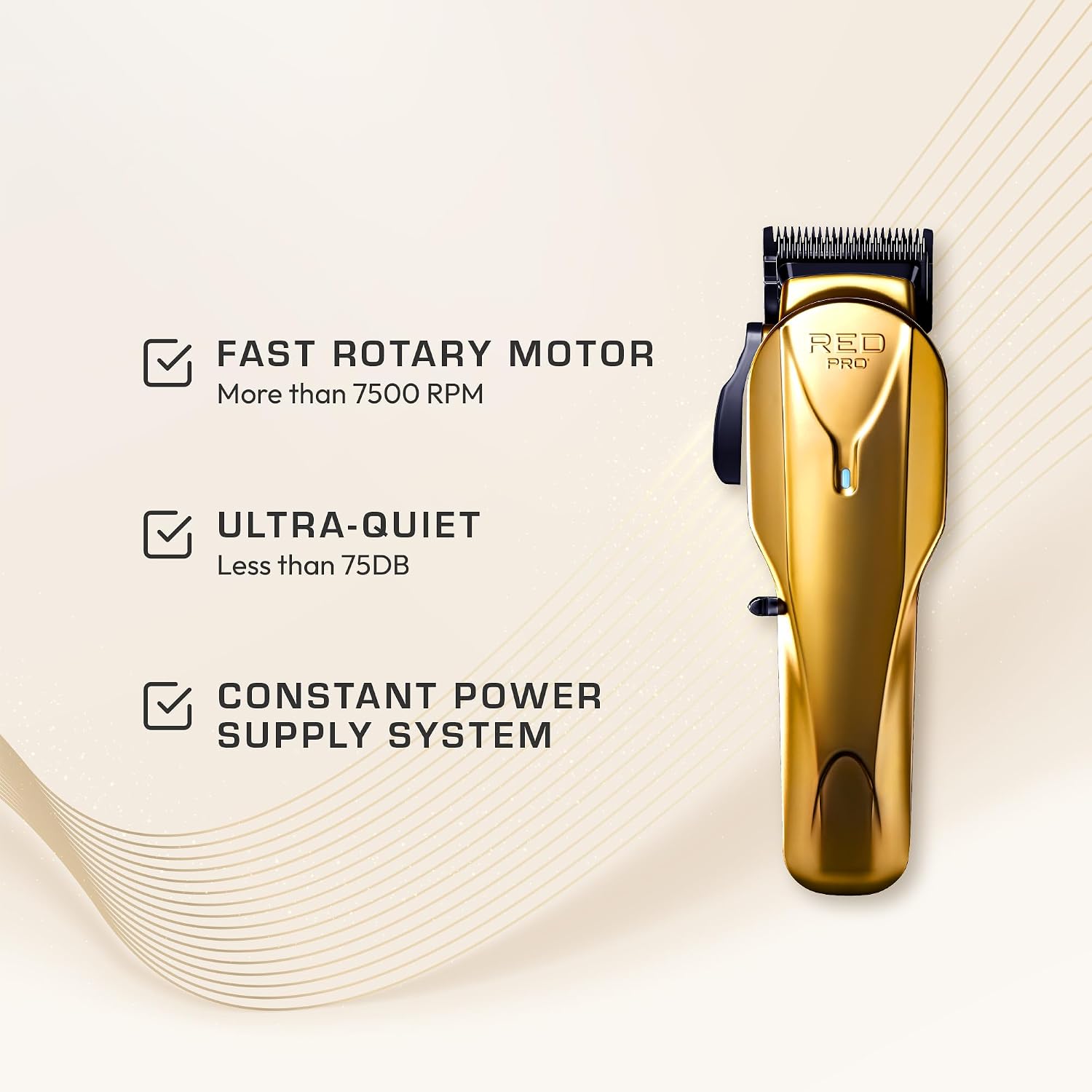 RED Pro Professional Cordless Hair Clipper for Men, Electric Rechargeable Hair Clipper Set for Barbers and Stylists with Up to 150 Minutes Battery Life, 6 Clippers Guide Included (Matte Gold)