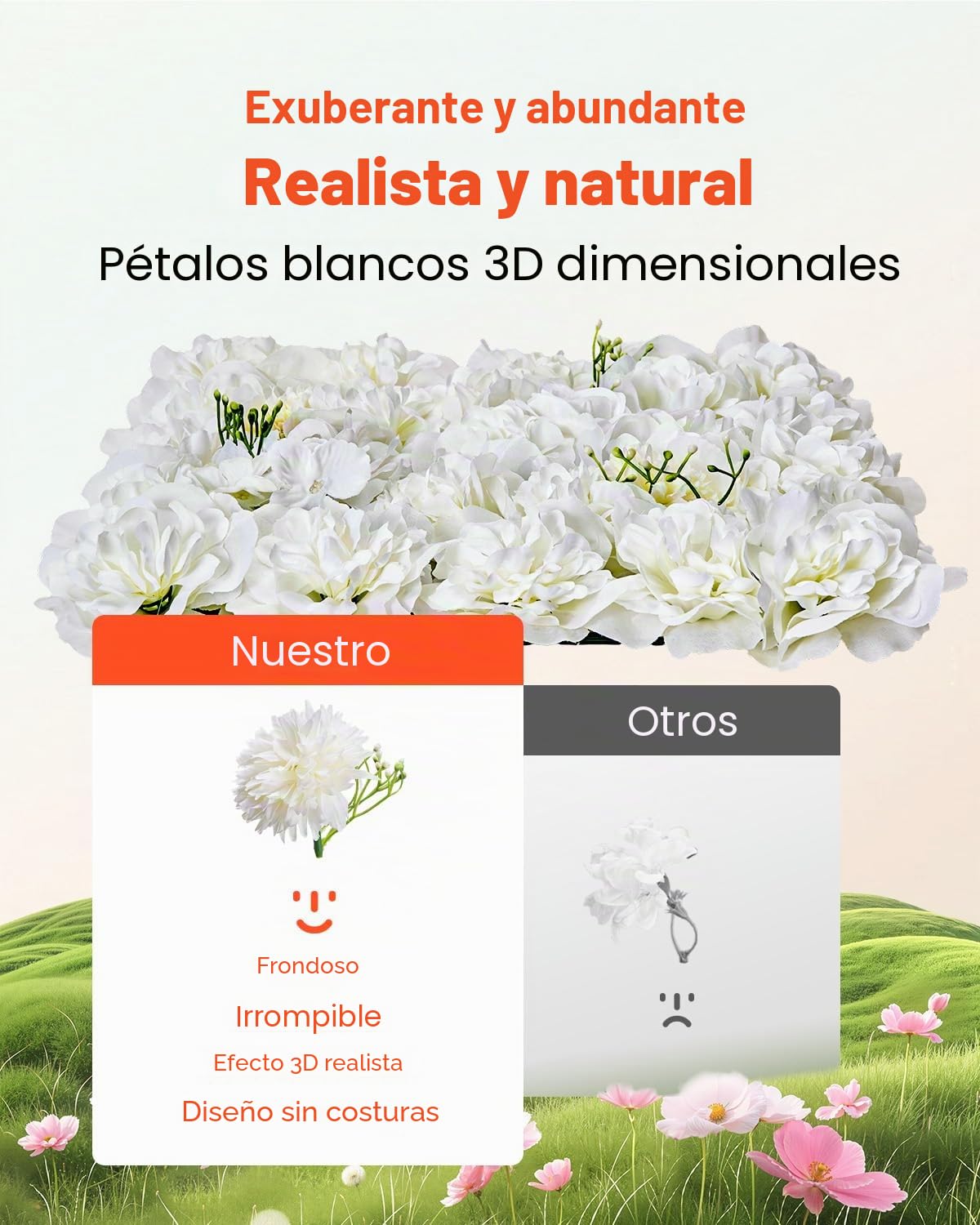 VEVOR Panel 3D de Flores Artificial para Pared 24 Piezas 38 x 38 cm Fondo de Pared con Flores Artificiales sin Costuras Instalación Fácil para Bodas, Hogar, Jardín, Fiestas, Decoración, Blanco