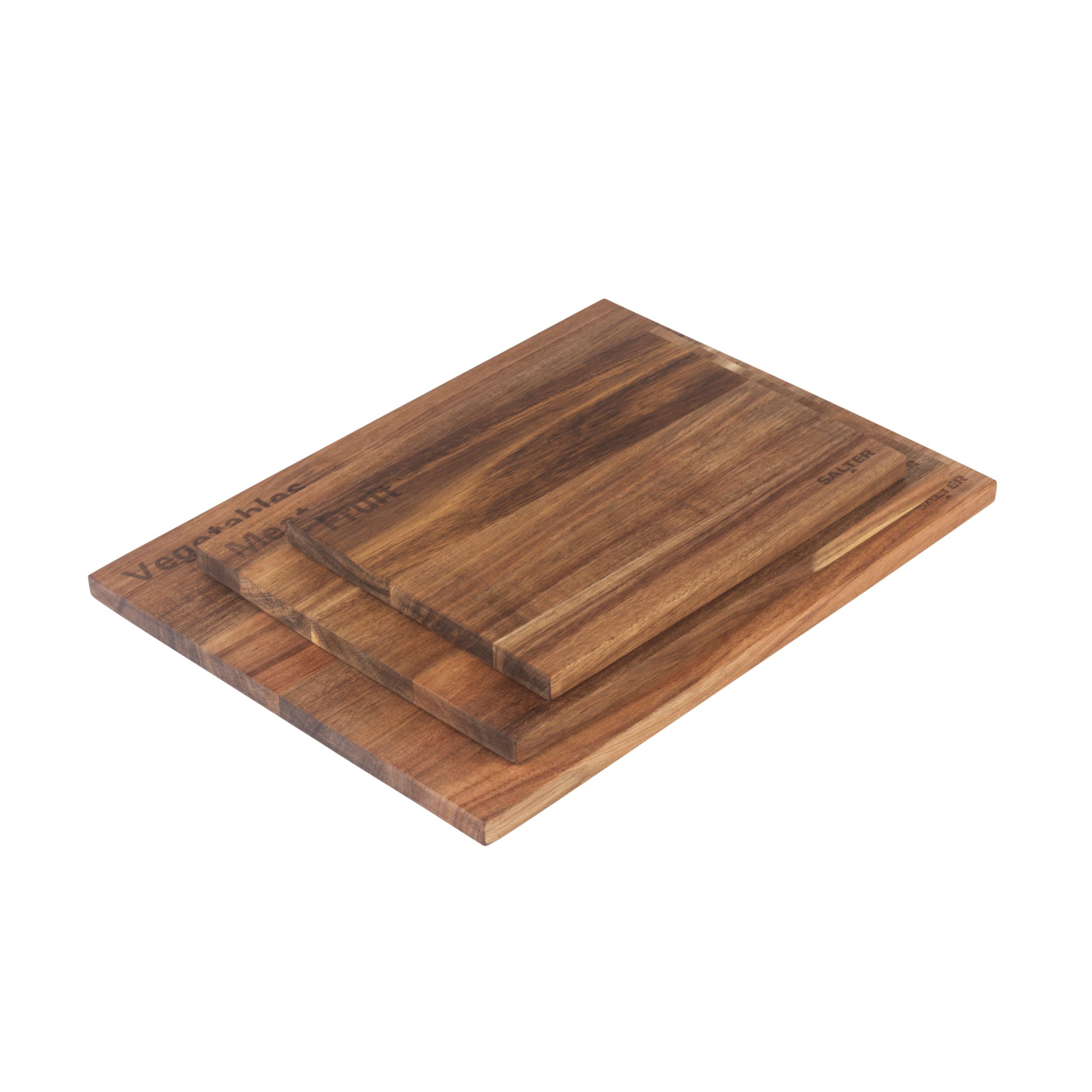 Salter Acacia 3 Piece Chopping Board Set – 3 FSC®-Certified Acacia Wood Chopping Boards, Specifically Labelled for Vegetable, Meat and Fruit, Protect Kitchen Worktops, Perfect for Charcuterie