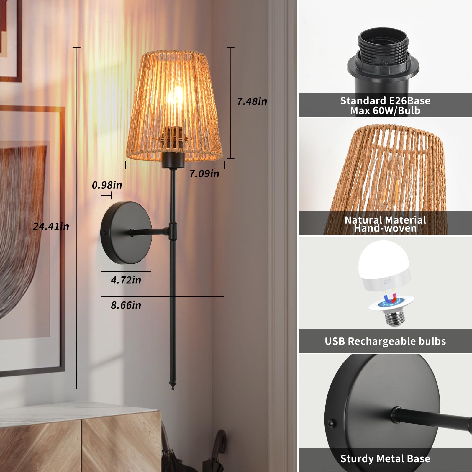 Juego de dos apliques de pared que funcionan con pilas, color negro con bombillas recargables a distancia, sala de estar, dormitorio, pasillo, baño