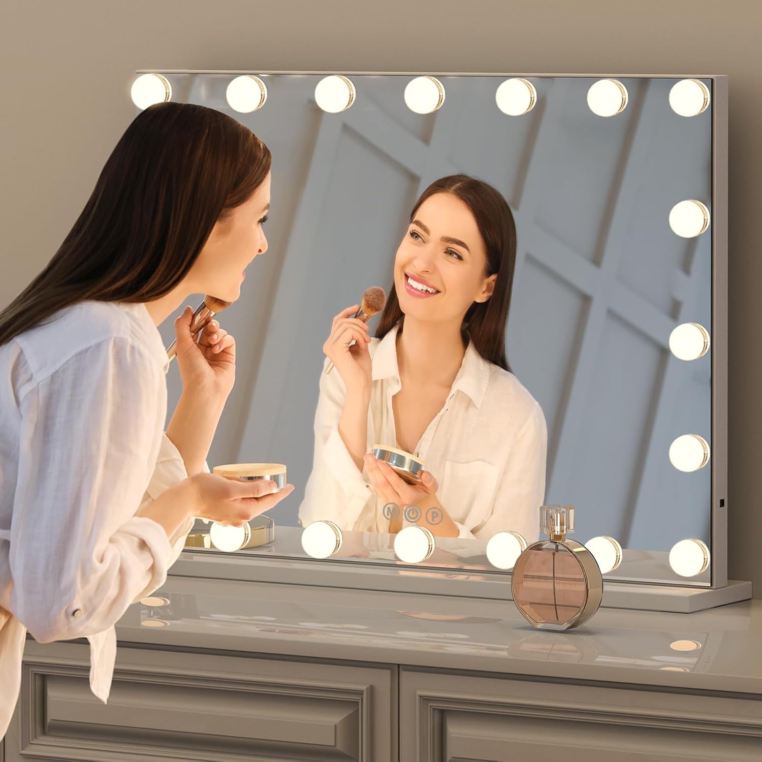 Hollywood Vanity Mirror with Lights, Tabletop Makeup Mirror with 20 Dimmable LED Bulbs, 3 Color Lighting Modes, Vanity Mirror for Bedroom, Touch Control, Tabletop or Wall-Mounted, White ( 4 bolts is  not turn on  )