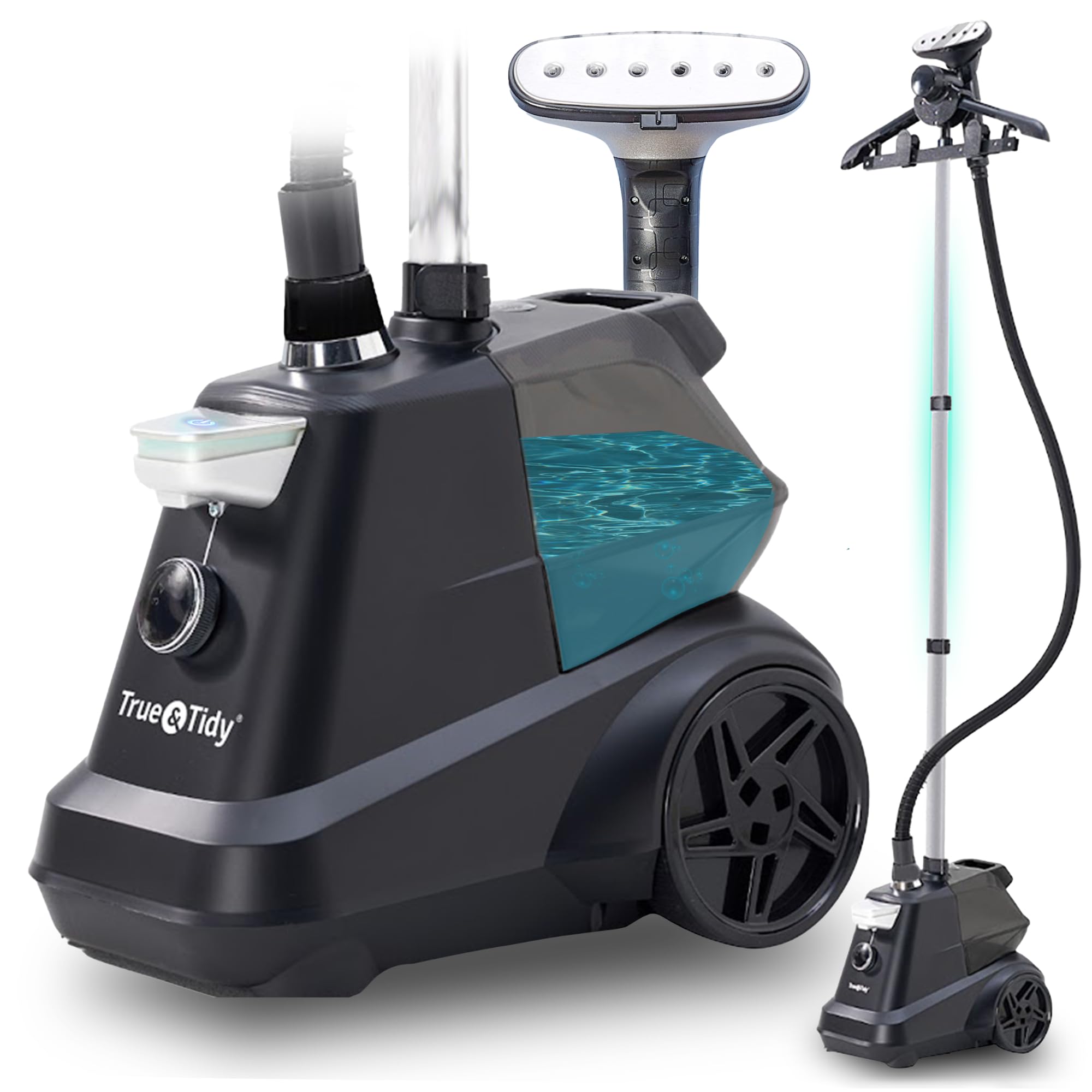 True & Tidy® Heavy-Duty Commercial Industrial Standing Garment Steamer for Clothes, 1800 watts, XL 3L water tank 90+ mins of Steam 3 Steam Settings, Step On/Off Control, Wheels for Easy Movement