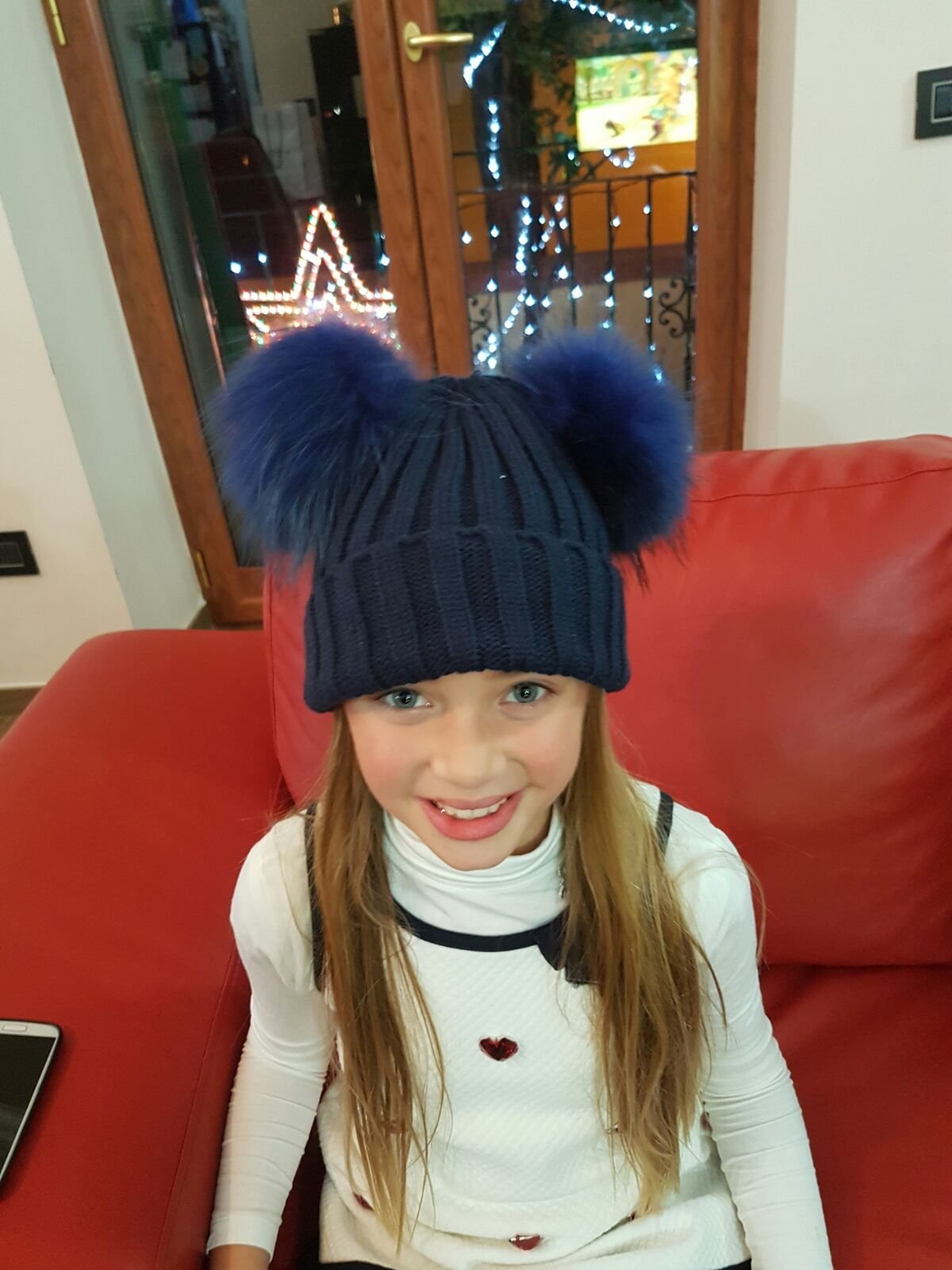 Cappello Berretto Donna Blu Modello Cuffia Vera Pelliccia PON PON Misto Lana Luxury Hat