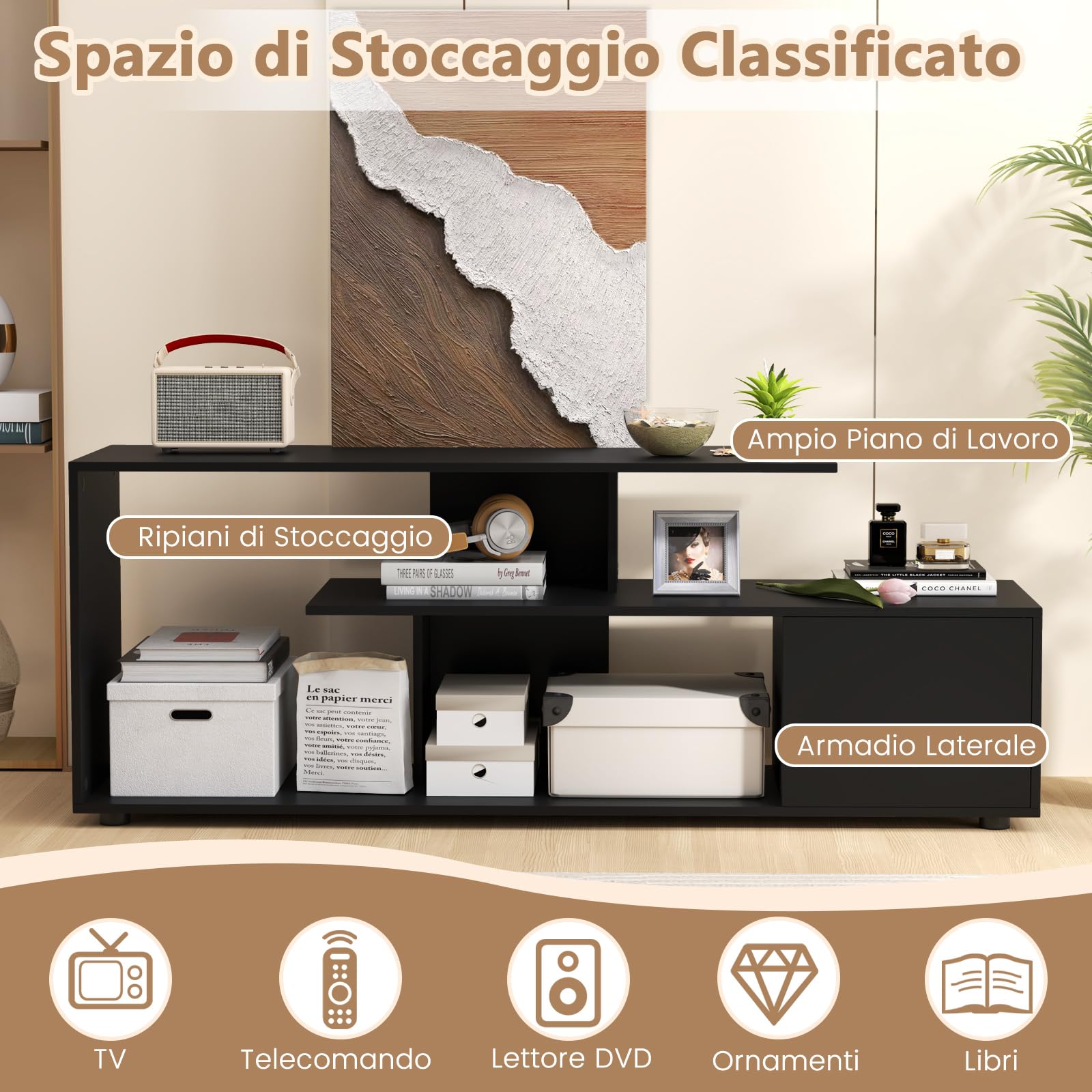 COSTWAY Mobile Porta TV, per TV Fino a 55'', Console Media a 3 Ripiani Asimmetrici con Ripiani di Stoccaggio e Armadietto, Mobile TV con Cassetto, 5 Gambe di Supporto (Nero)