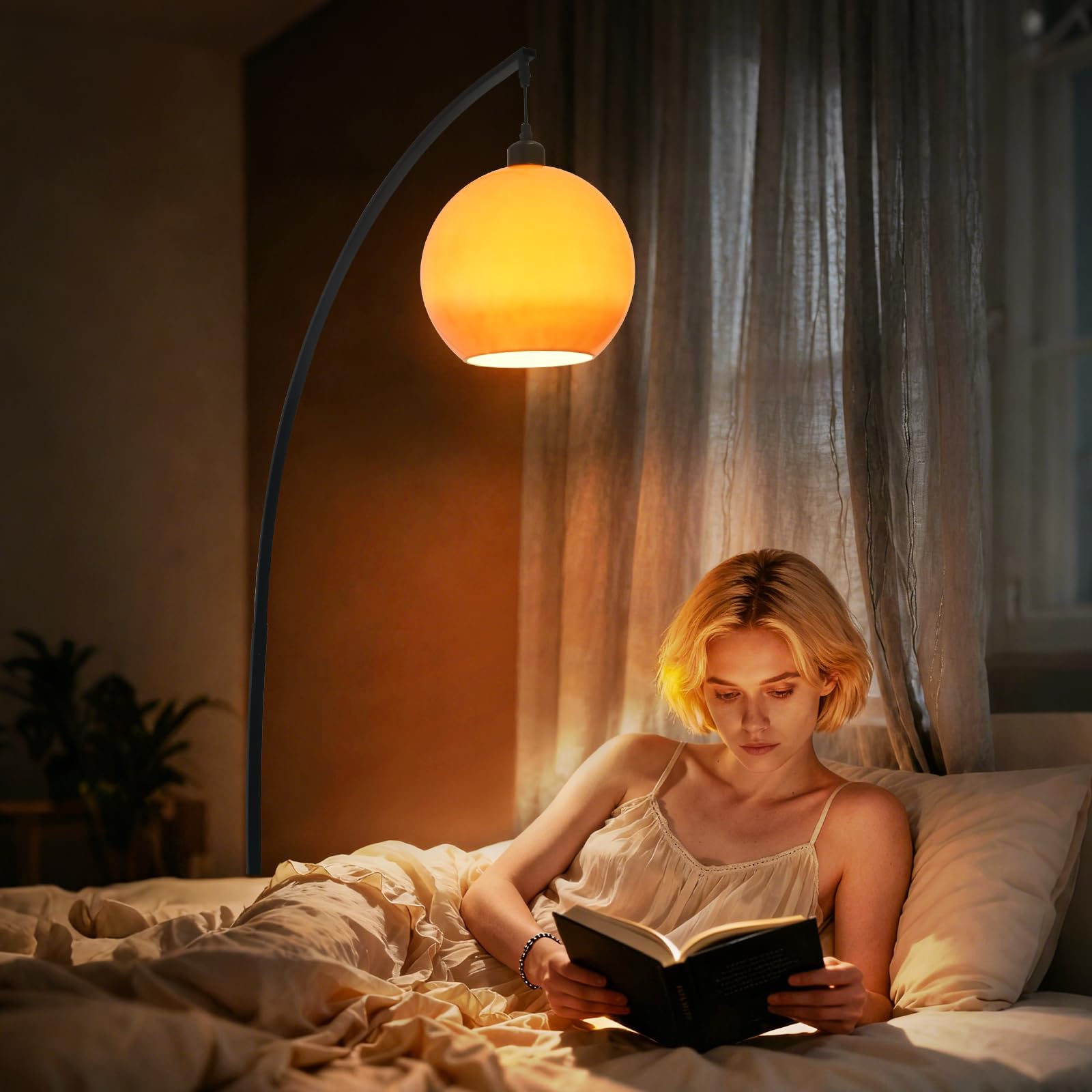 Lampada Da Terra Moderna In Vetro Arancione, Arc Da 70,9", A Globo In Vetro Con Attacco E27 Dimmerabile, Alta Curva Per Soggiorno E Camera Da Letto.
