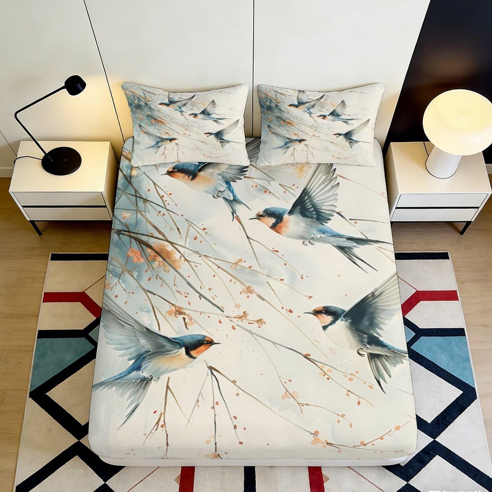 3D Printed Swallow Branch Fitted Sheet Microfiber Soft Breathable Bird Art Bed Sheet for Bedroom Guest Room Decor 90x200x25cm