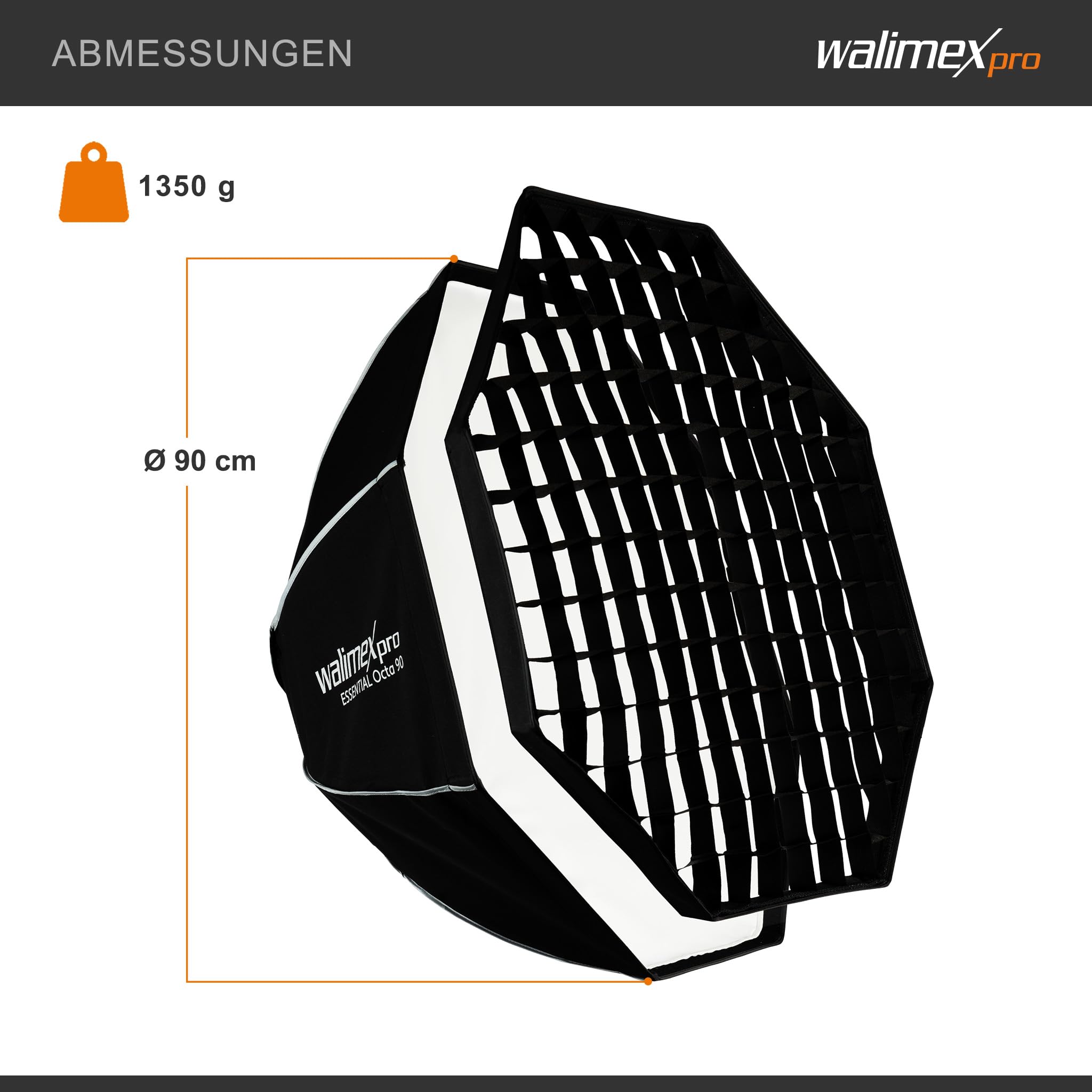 Walimex pro Essential Softbox Octagon 90cm, um 360° drehbar, einfacher Aufbau, inkl. Grid, Bowens Adapter und Transporttasche, ideal für Porträts und Beauty-Aufnahmen