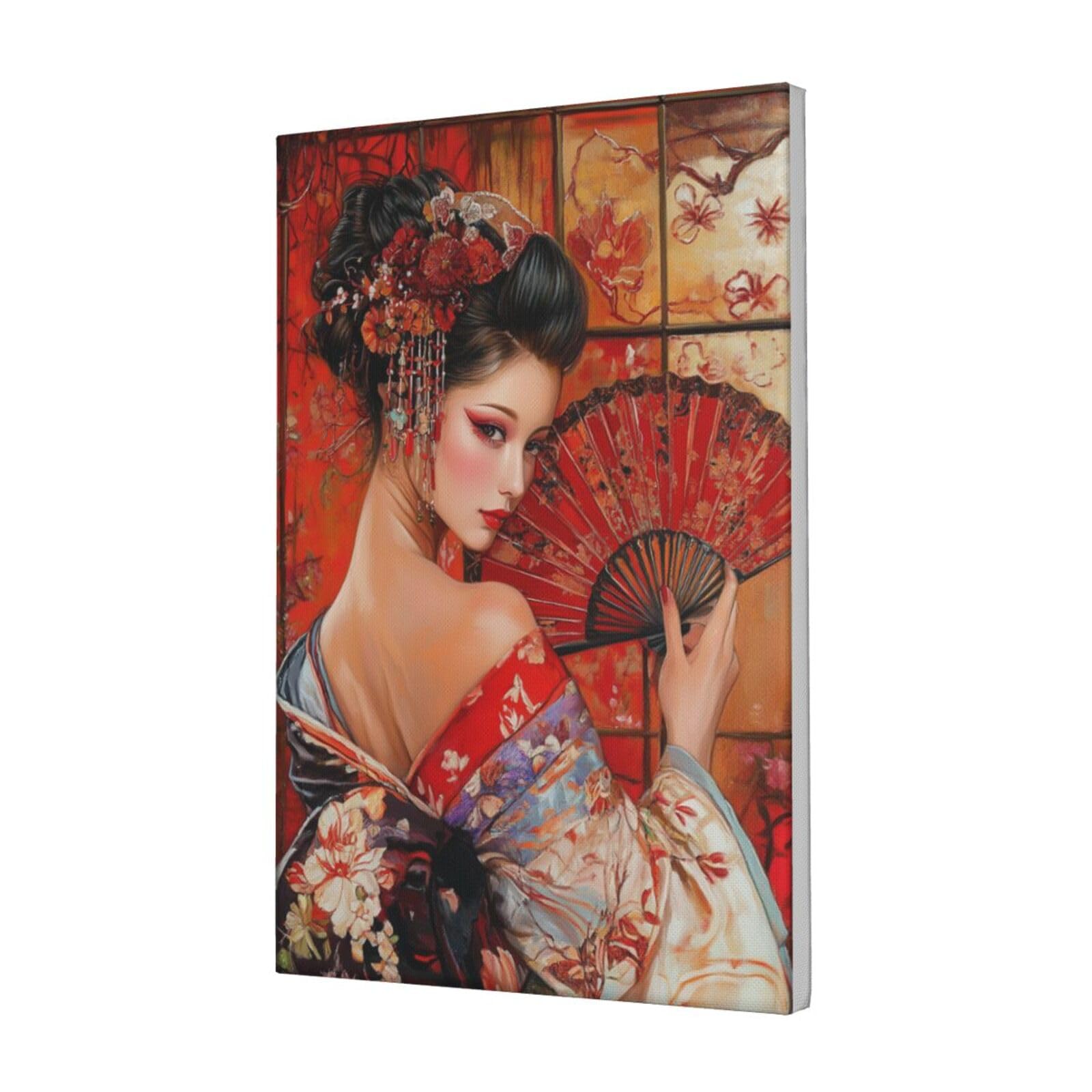 Woshuwo Girls White Beautiful Geisha Canvas Wall Art Poster Aesthetic Print Painting For Dorm Bedroom Living Room,30X45cm Framed