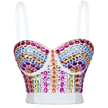 Womens Sexy Multicolored Rhinestone Bustier Crop Top Club Party Crystal Gemstone Corset Top Bra