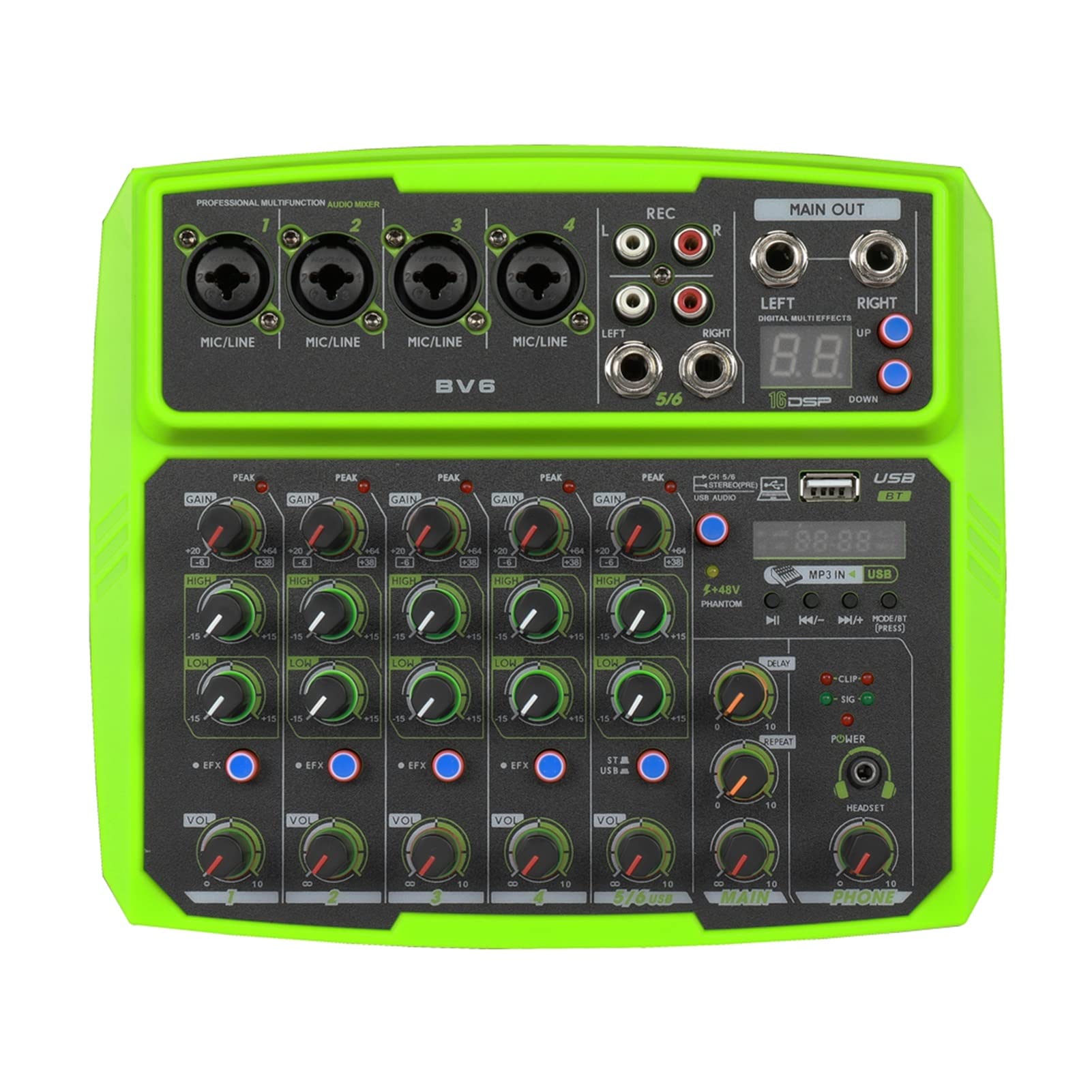 Attrezzatura per DJ per Feste Conferenza for Esterni con Mixer Audio a 6 canali USB Processore Audio Reverb Bluetooth cantare dal Vivo con Sound Card Mixer(BV6 Yellow)