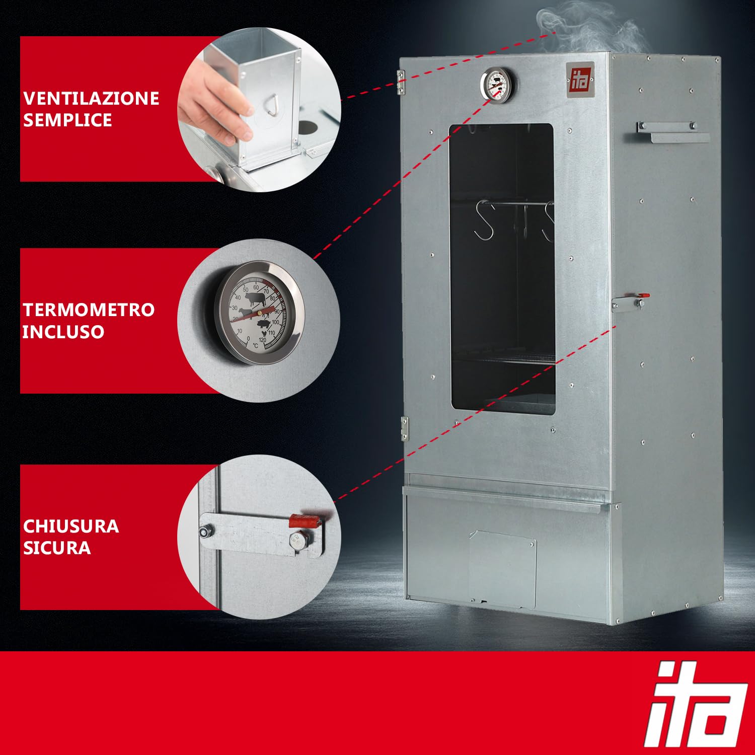 ITA Affumicatore 7000 - Armadio per affumicare premium con 3 ripiani - Acciaio legato, con finestra visiva e termometro - Qualità Made In EU Direttamente dal produttore - Fumatore per affumicatura