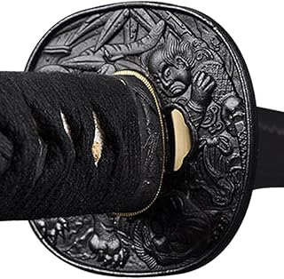 Handmade Sword - Functional Samurai Katana Sword, Fully Hand Forged, 1045 Carbon Steel, Heat Tempered, Full Tang, Sharp, Samurai Bamboo Tsuba, Black Scabbard