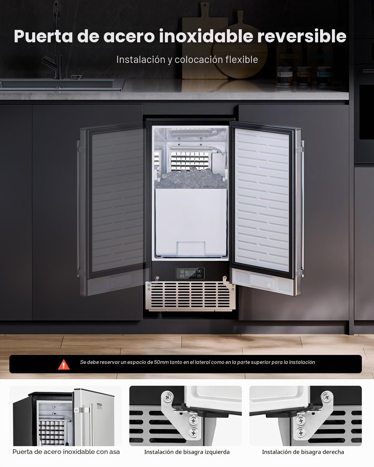 VEVOR Máquina para Fabricar Hielo Empotrada debajo del Mostrador, 36 kg/día, con Puerta Reversible de Acero Inoxidable, para Cocinas Comerciales y Domésticas, Drenaje Eléctrico, 380 x 485 x 855 mm