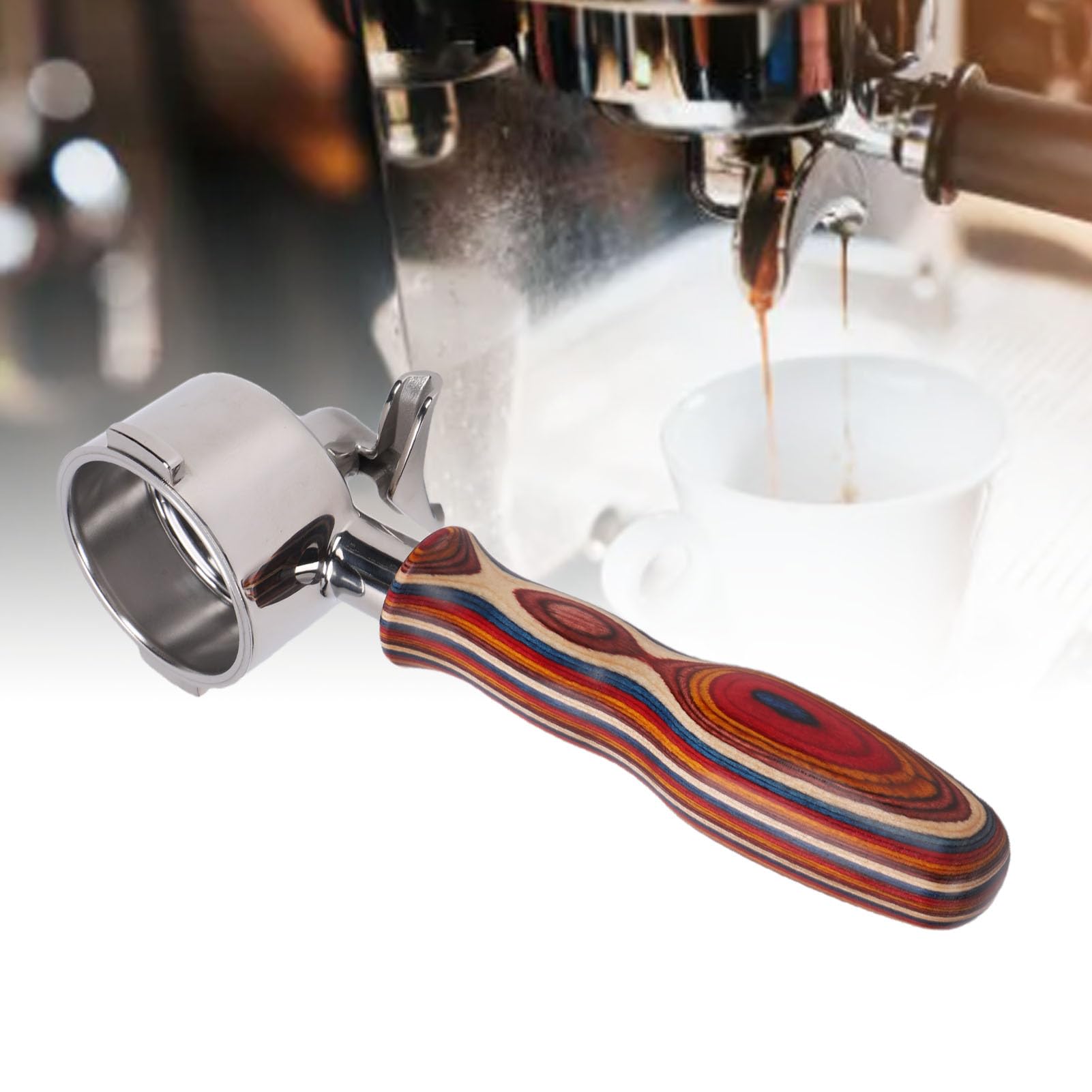 EMUKOEP Portafiltro de café para, Cesta de Filtro de Acero Inoxidable de 51 Mm con de Madera de Abedul (Caño doble con fondo)