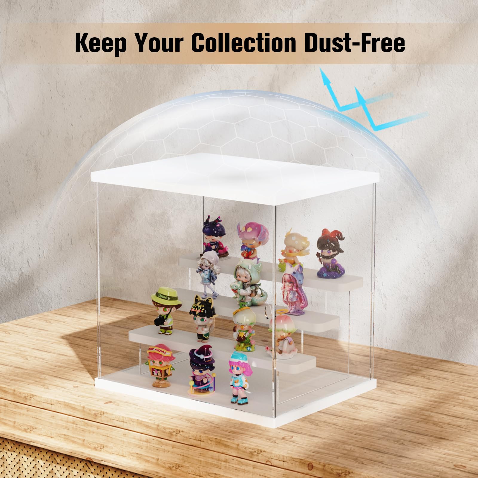 Vetrina Acrilica con Luce LED, 4 Livelli Scatola Vetrina Espositiva per Collezionismo con Porta e Gradini, Antipolvere Teca Plexiglass per Funko Pop, Figure, Modellini, Bianco