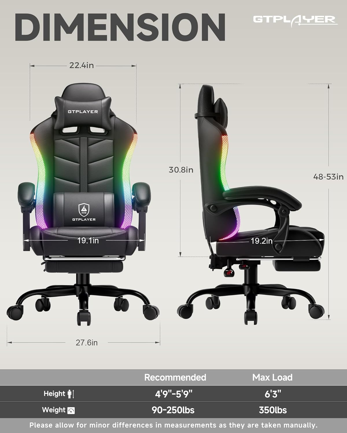 GTPLAYER Gaming Chair, Ergonomic Computer Office Chairs for Adults with Footrest, Height Adjustable, Linkage Armrests, 90-155° Recline & Headrest Lumbar Support, RGB Black