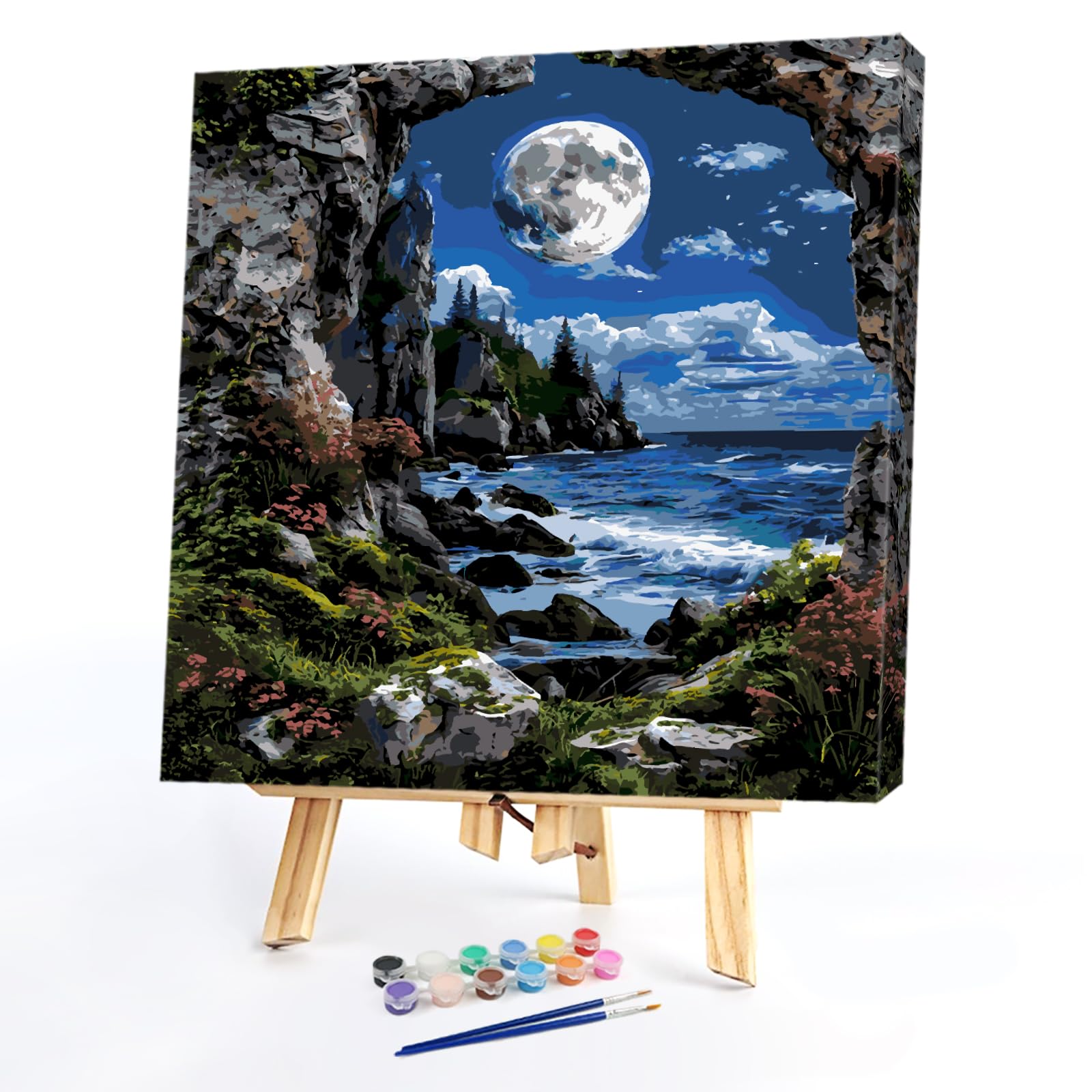POETRYDRAW Moonlit Cove DIY Paint By Numbers Kit on Canvas 35x35cm with Frame Oil Painting Kit by Numbers for Beginners Adults Gift Home Wall Decor (Moonlit Cove)