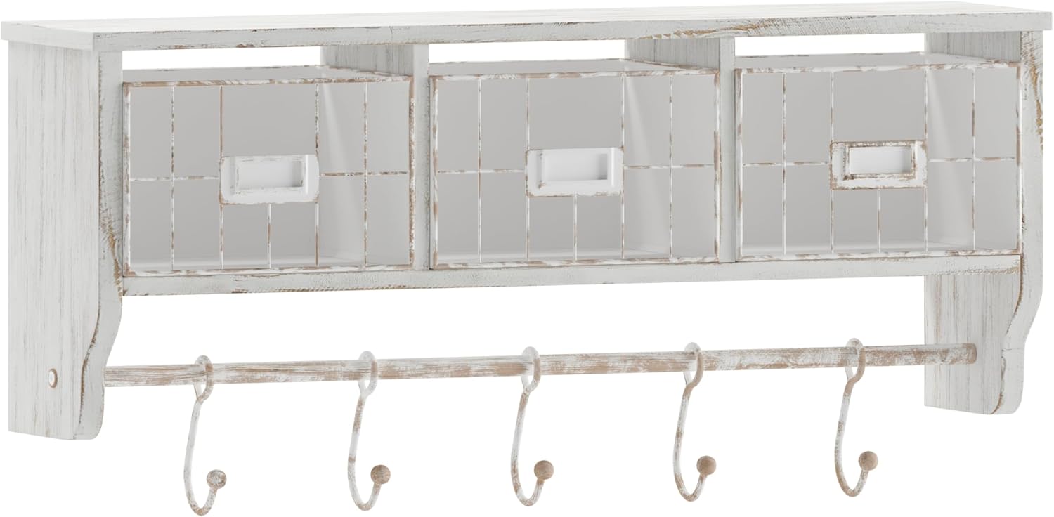 Flash Furniture Daly Wall Mounted Storage Rack - Whitewashed Solid Pine Wood - 24 Inch - Upper Shelf - 5 Hooks - Wire Baskets - For Entryway, Kitchen, Bathroom