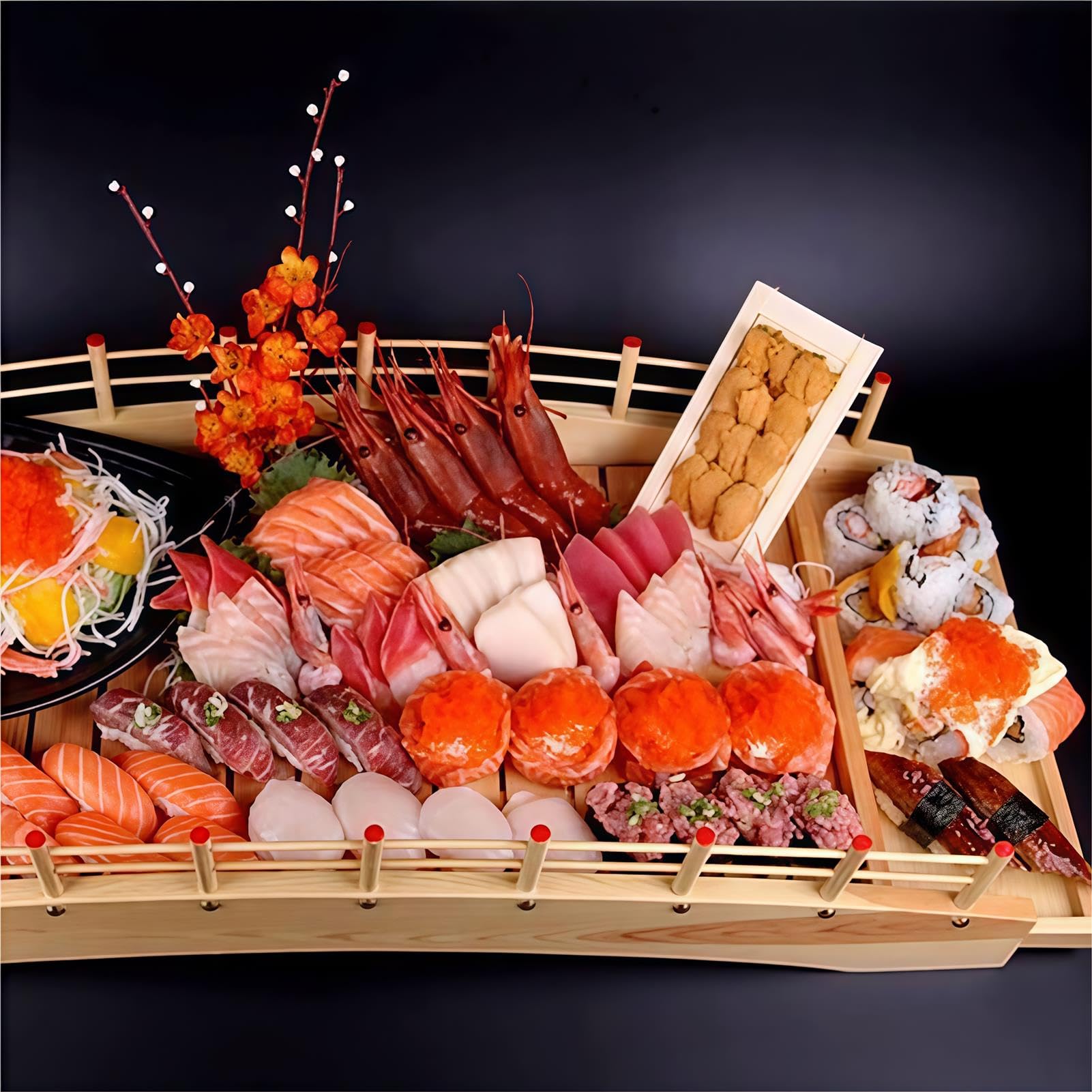 Bambusowa taca do serwowania sushi z łukowym mostkiem, japoński talerz na jedzenie do domu, kuchni, restauracji, na imprezę w formie bufetu