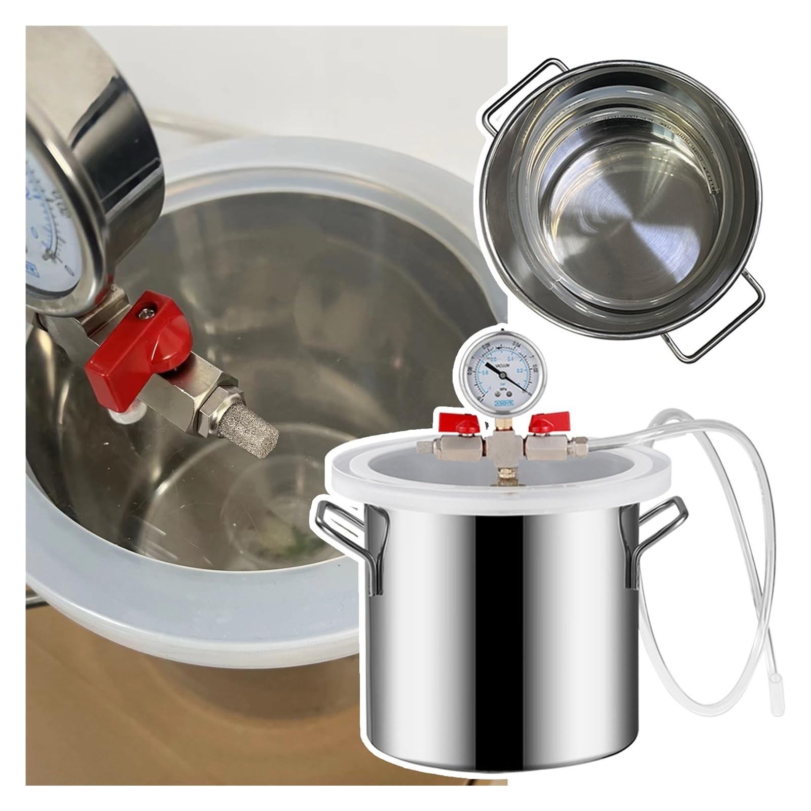 2 3 5 Gallon 6 9 13 19 20 26 Gal Laboratory Vacuum Chambers, 304 Stainless Steel Epoxy Resin Vacuum Chamber Kit for Plaster Degassing, Wood Stabilizer with 5ft Hose(6Gal/21L)