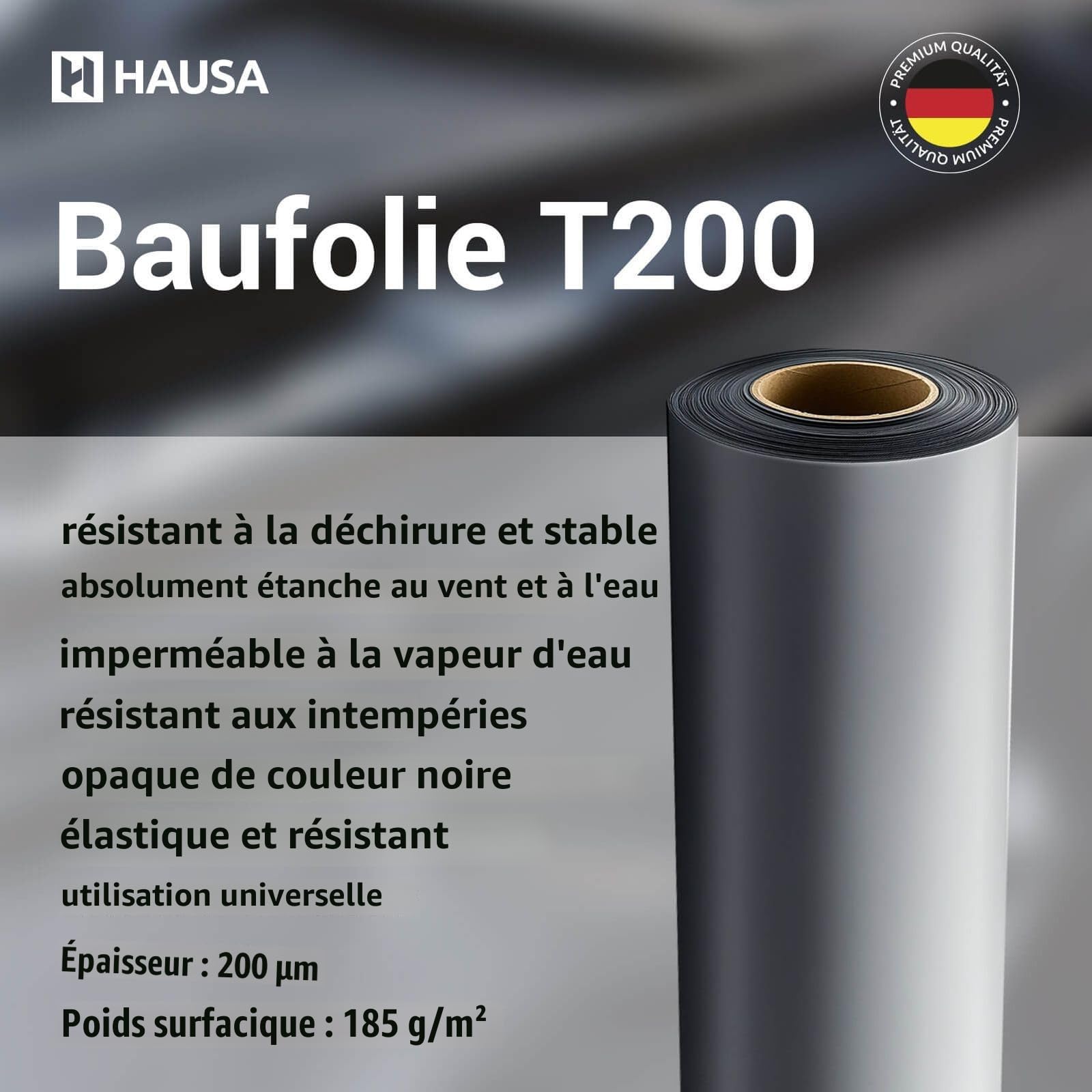 HAUSA Film de construction T200 4mx25m (100m²) 200my film de couverture- bâche extra résistant film de chape imperméable rouleau de bâche de bassin indéchirable Baufoil film de protection, noir