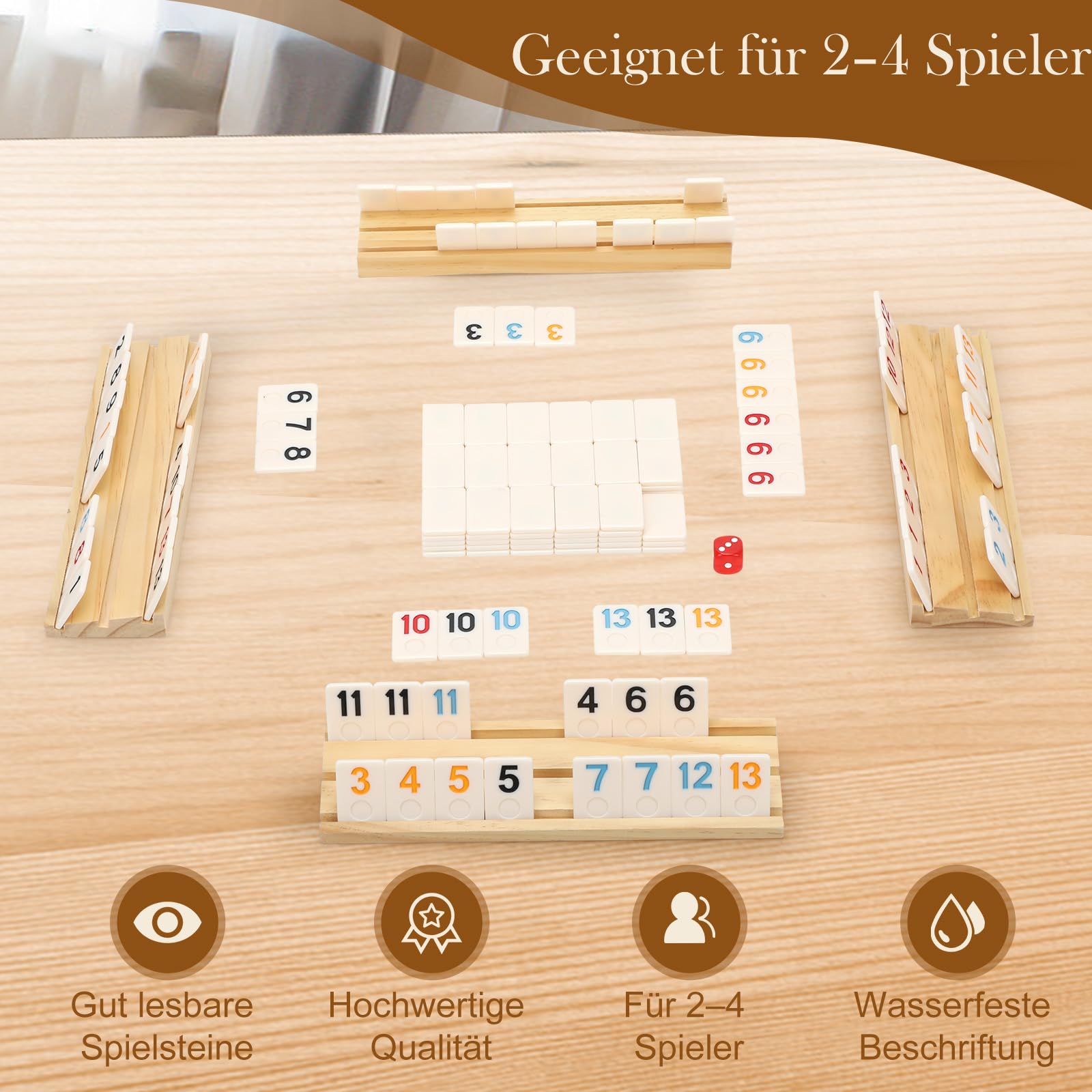 SOOPOTAY Rummy Cup Brettspiel für 2–4 Spieler – 106 Melamin-Fliesen, 4 Holzhalter, Premium-Koffer & Beutel – Reisespiel für Erwachsene