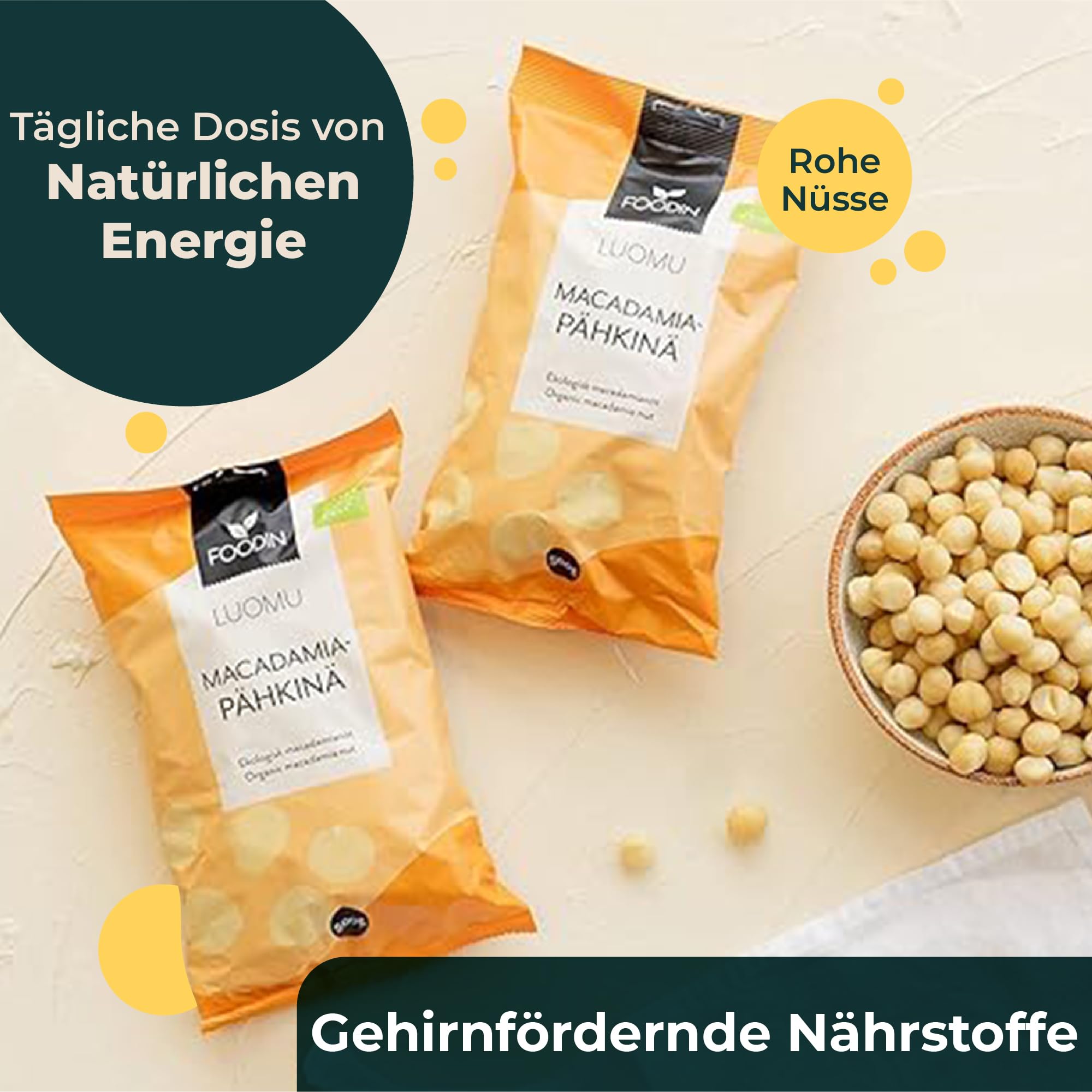 FOODIN Bio Macadamianüsse Whole 1kg, Macadamiakerne, Rohkost, Glutenfrei & Vegan (2 x 500g)
