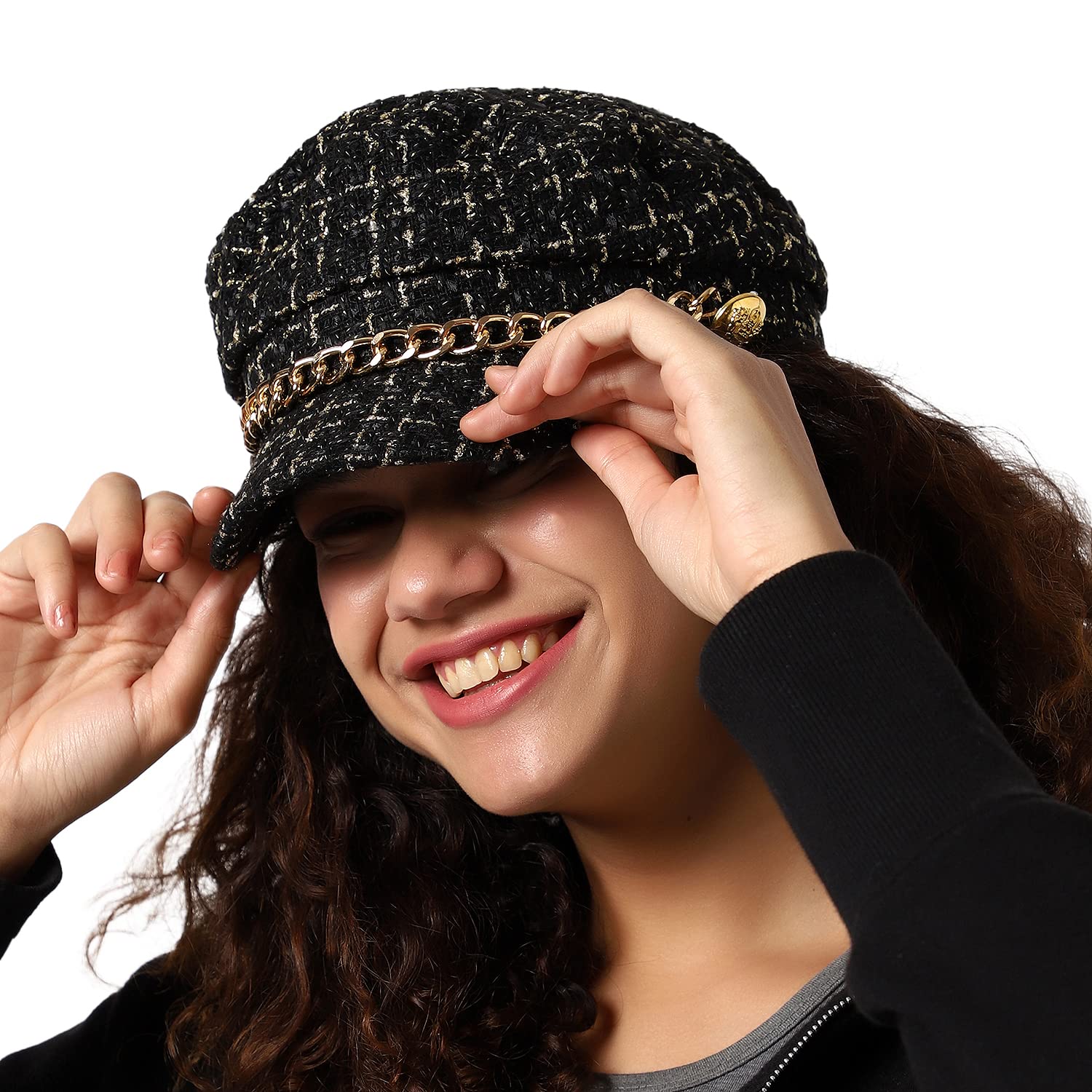 Haute Sauce Women Black Textured Breton Cap with Chain Detail for Outdoor Everyday Wear | UV Protection | Lightweight | Packable | Latest Stylish Casual Headwear for Women & Girls (2143)