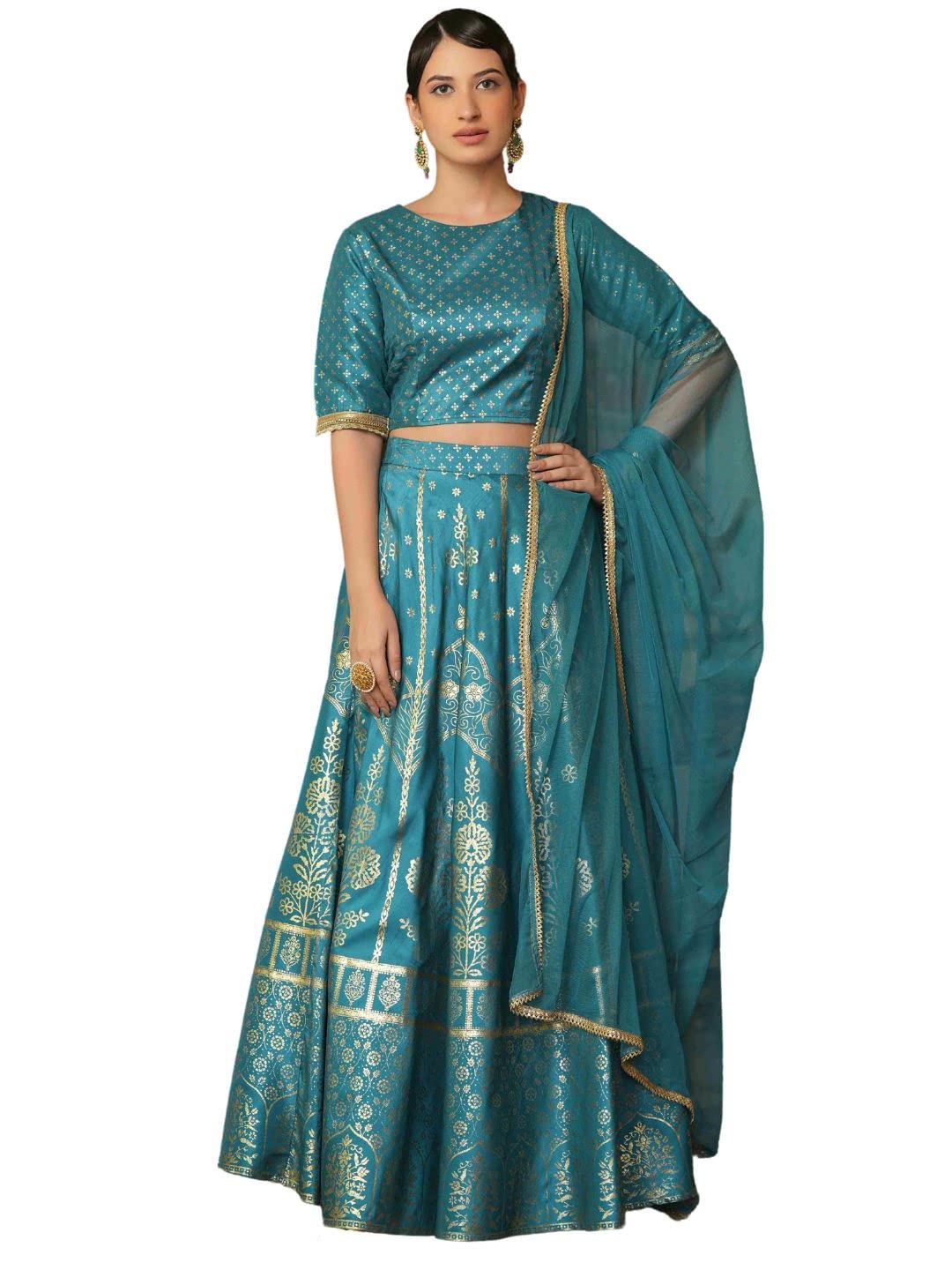Juniper Women's Green Santoon Slub Festive Foil Printed Straight Lehnga Choli Set