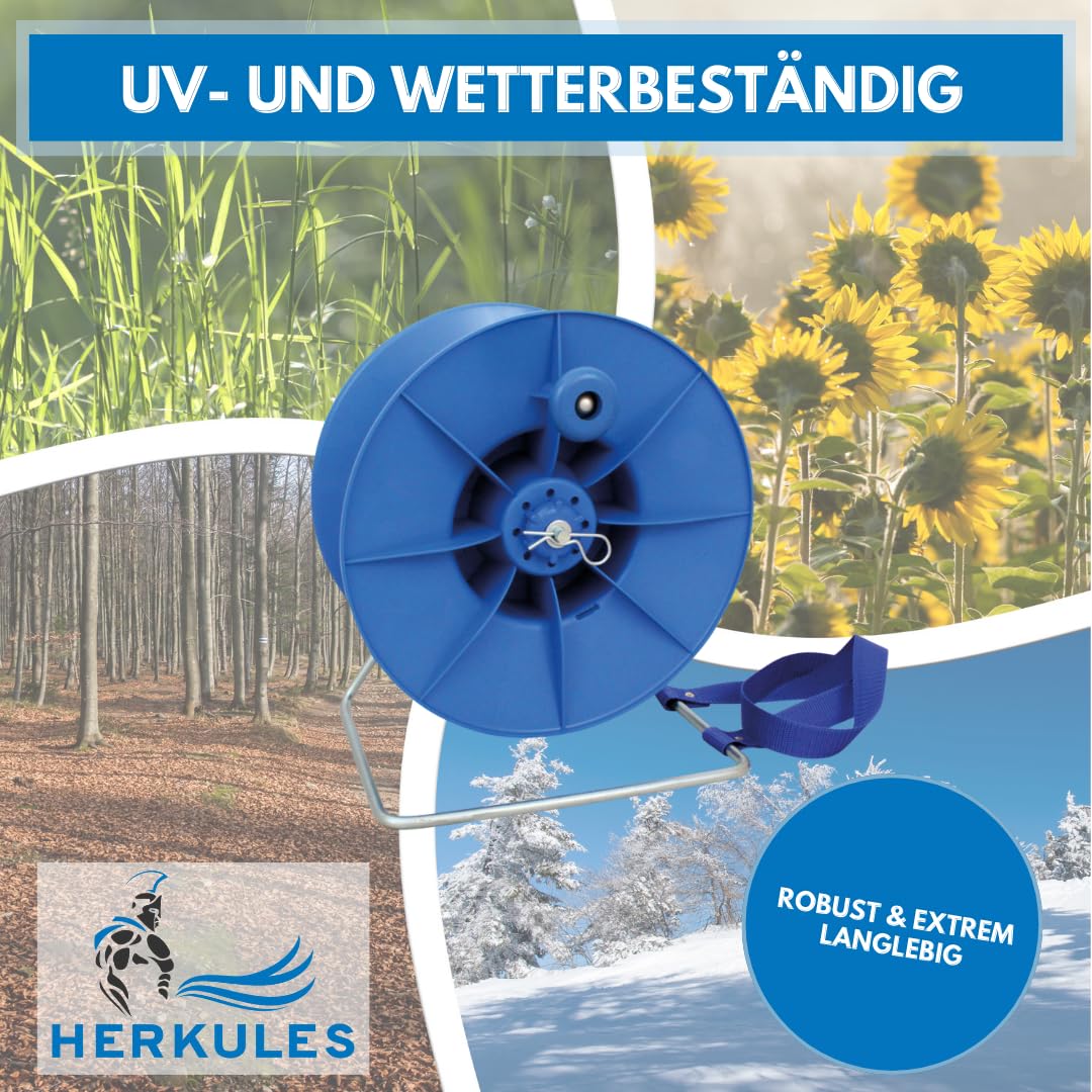 Herkules Power Haspel aus Kunststoff – Weidezaun Haspel für 2000m Litze oder 750m Band - Ergonomischer Weidezaun Aufroller - Premium Drahthaspel für Litzen, Zaunbänder und Seile