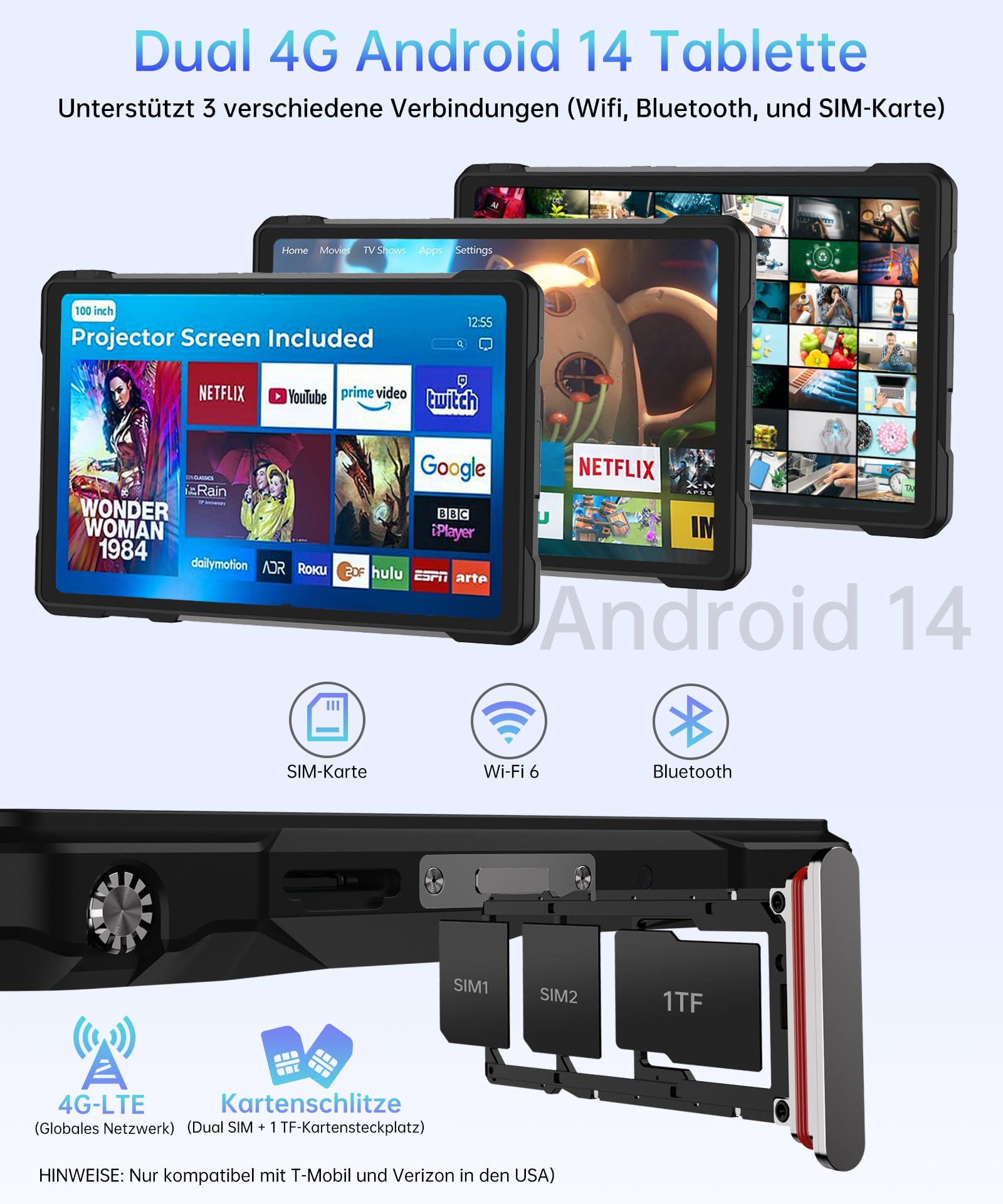 8849 Tank Pad E Android 14 4G Outdoor Tablet mit 21.000 mAh Großer Akku | 10.95’’ Großes Display, Built-in 100-LM-Projektor, IP68 Wasserdicht Staubdicht, 512GB Rugged Robustes Tablet Mit Ständer OTG