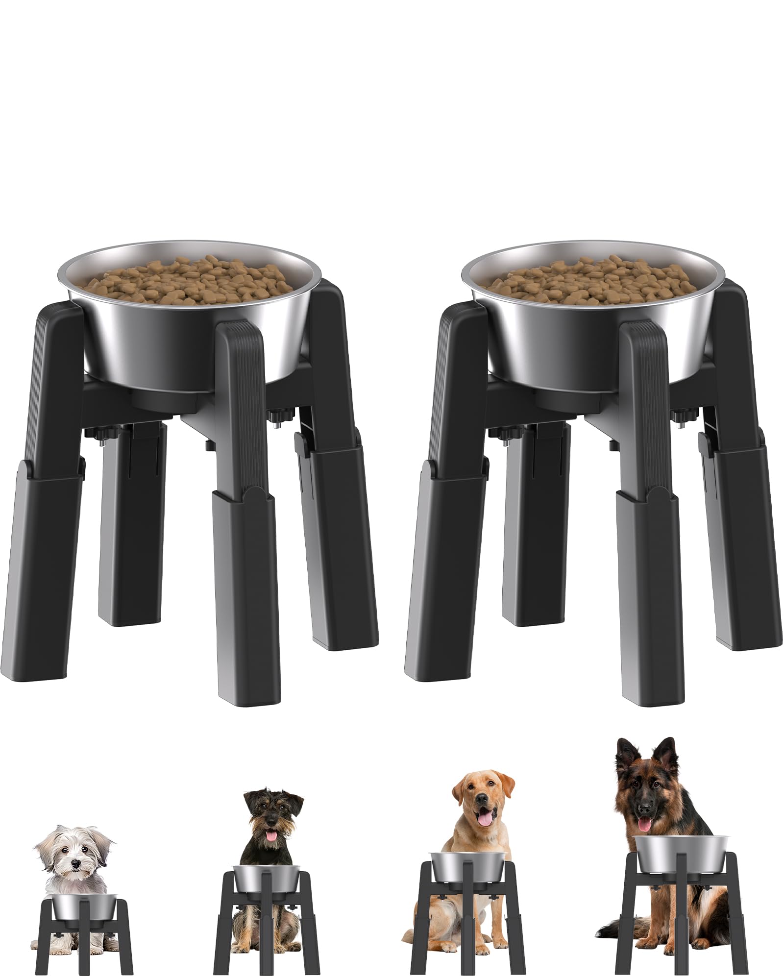 JUNSPOW 2pack Raised Dog Bowl Stand with Stainless Steel Bowls, 4 Heights Adjustable Raised Dog Water Bowl for Large Dogs, Stable and Non-Slip Elevated Dog Feeding Station
