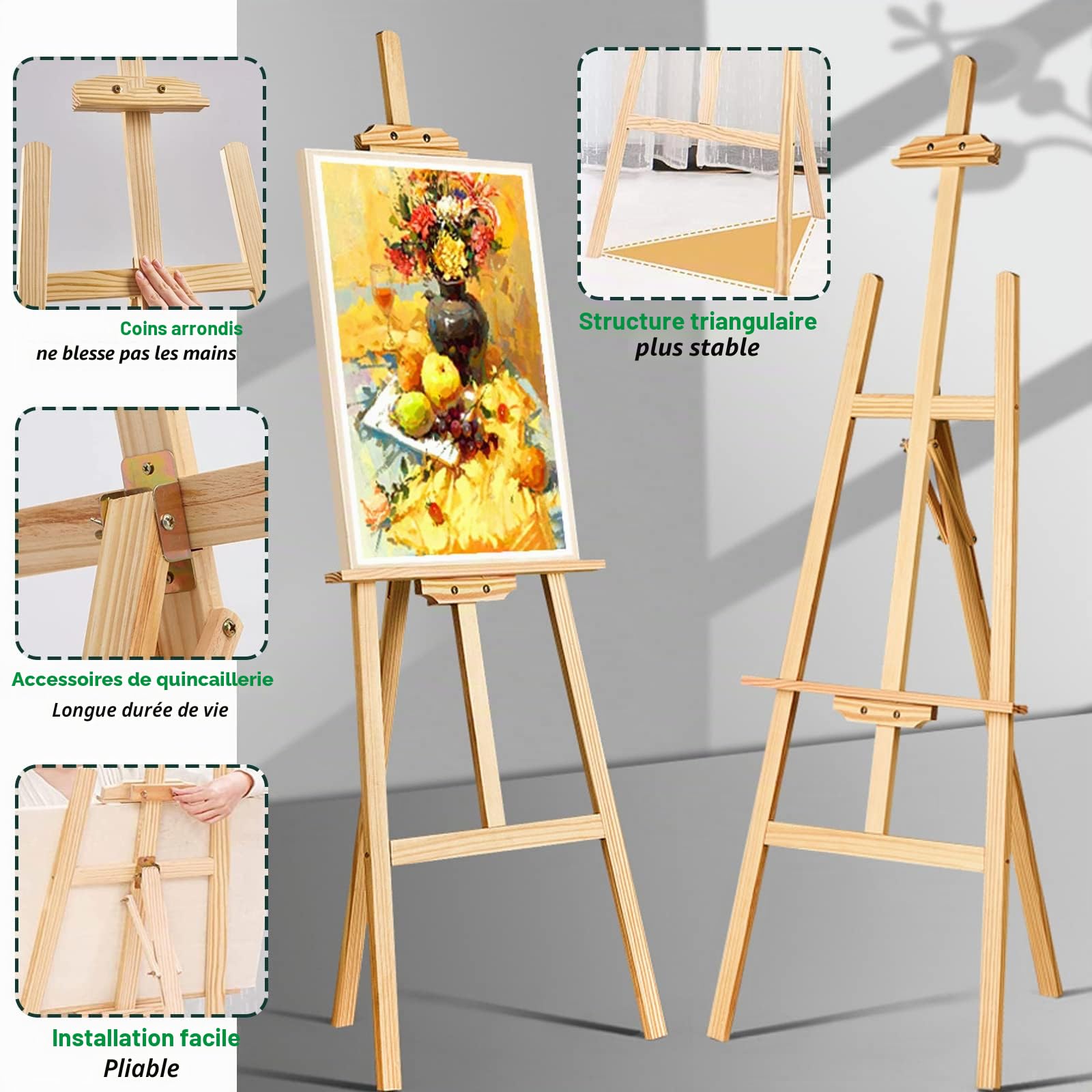 Chevalet d'artiste en bois avec cadre en A, chevalet de studio réglable de 1,5 m, support de peinture, toile portable pour croquis, mariage, exposition, facile