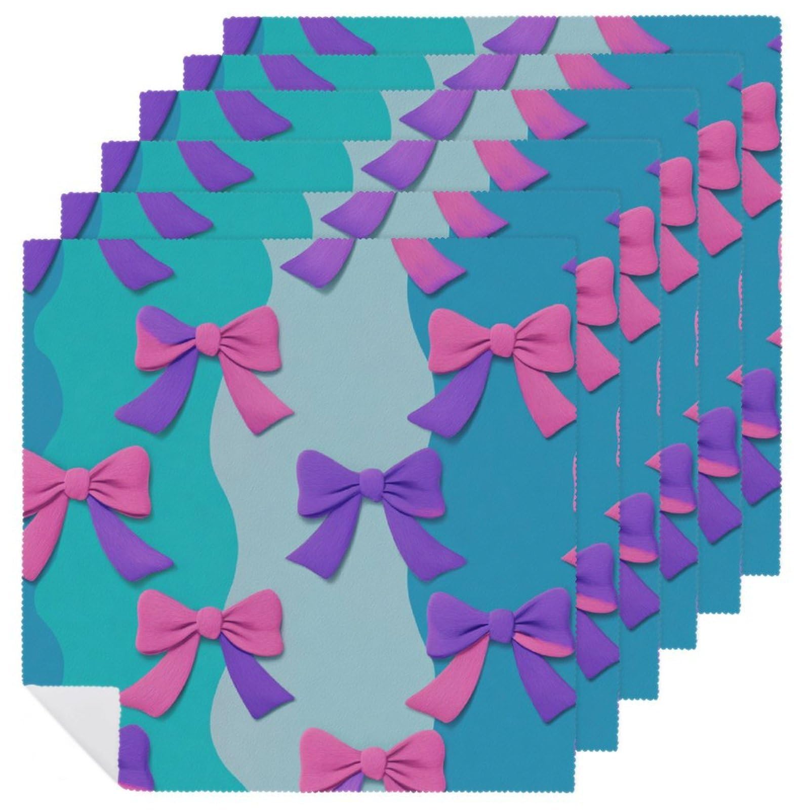 Turquoise Pink Purple Simple Bows Cloth Napkins Set of 6, Square Premium Reusable Washable Polyester Table Linen Napkin for Dinner Party