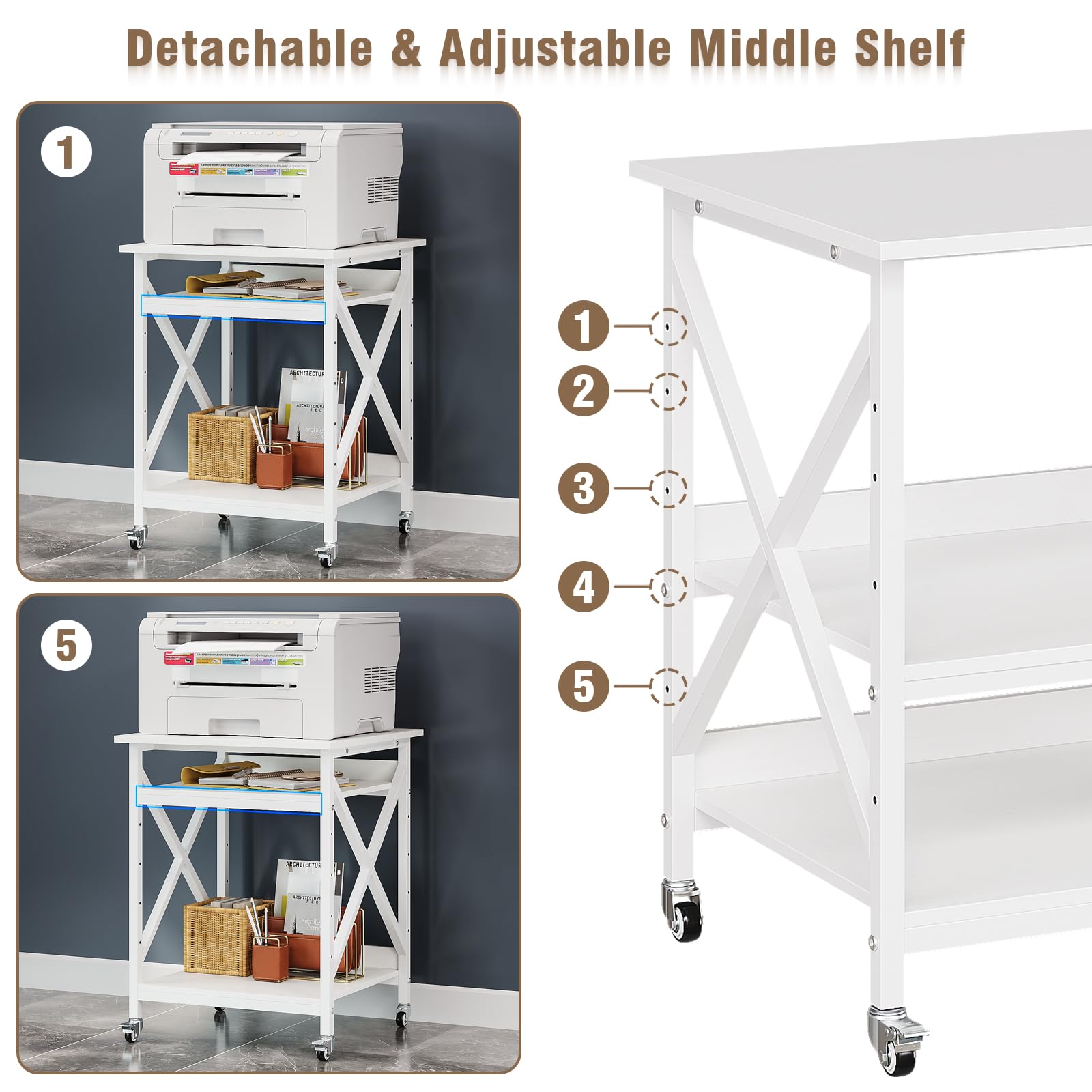 VEDECASA 3 Ebenen Druckerständer mit Rollen, Großer Druckertisch 60x60cm mit Ablagen, Stabiler Druckerwagen mit X-Rahmen für Büro und Home Office, Weiß, Passt Fuer Grosse Drucker,Leicht Beweglich,Weiß