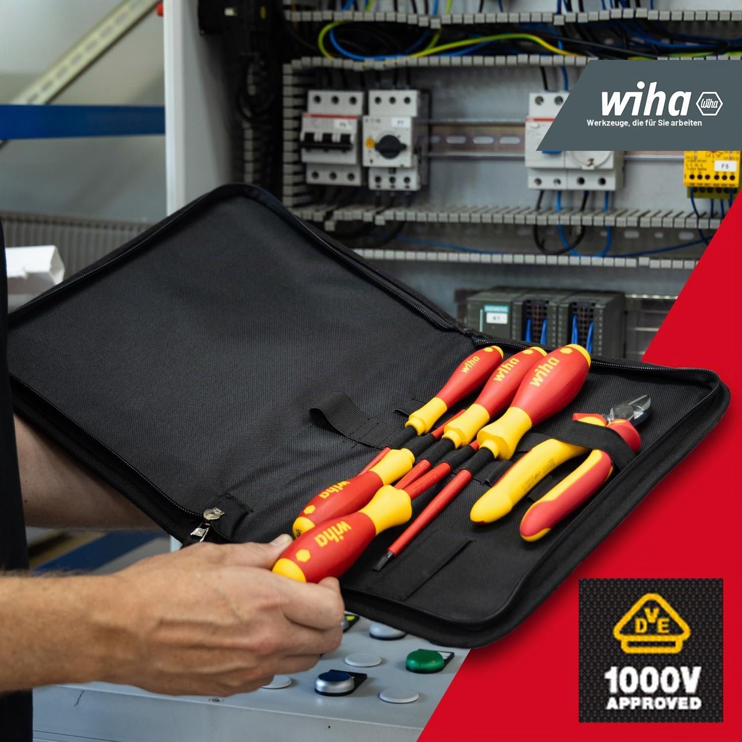 Wiha Werkzeug Set Elektriker 7-teilig I Schraubendreher Set + Seitenschneider in Werkzeugmappe I Grundausstattung in kompakter Werkzeugtasche (33969)
