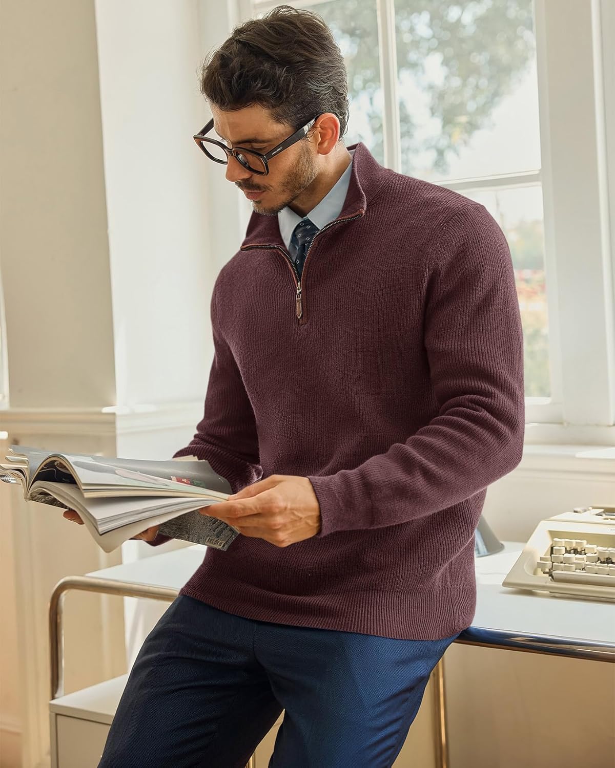 Runcati Mens Quarter-Zip Pullover Sweater Casual Mock Neck Winter Warm Ribbed Polo Sweaters - Image 3