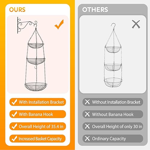 Miniatura 8 de HULISEN Cesta colgante de frutas de 3 niveles con gancho para plátano, cestas colgantes de alambre resistente para almacenamiento de cocina,