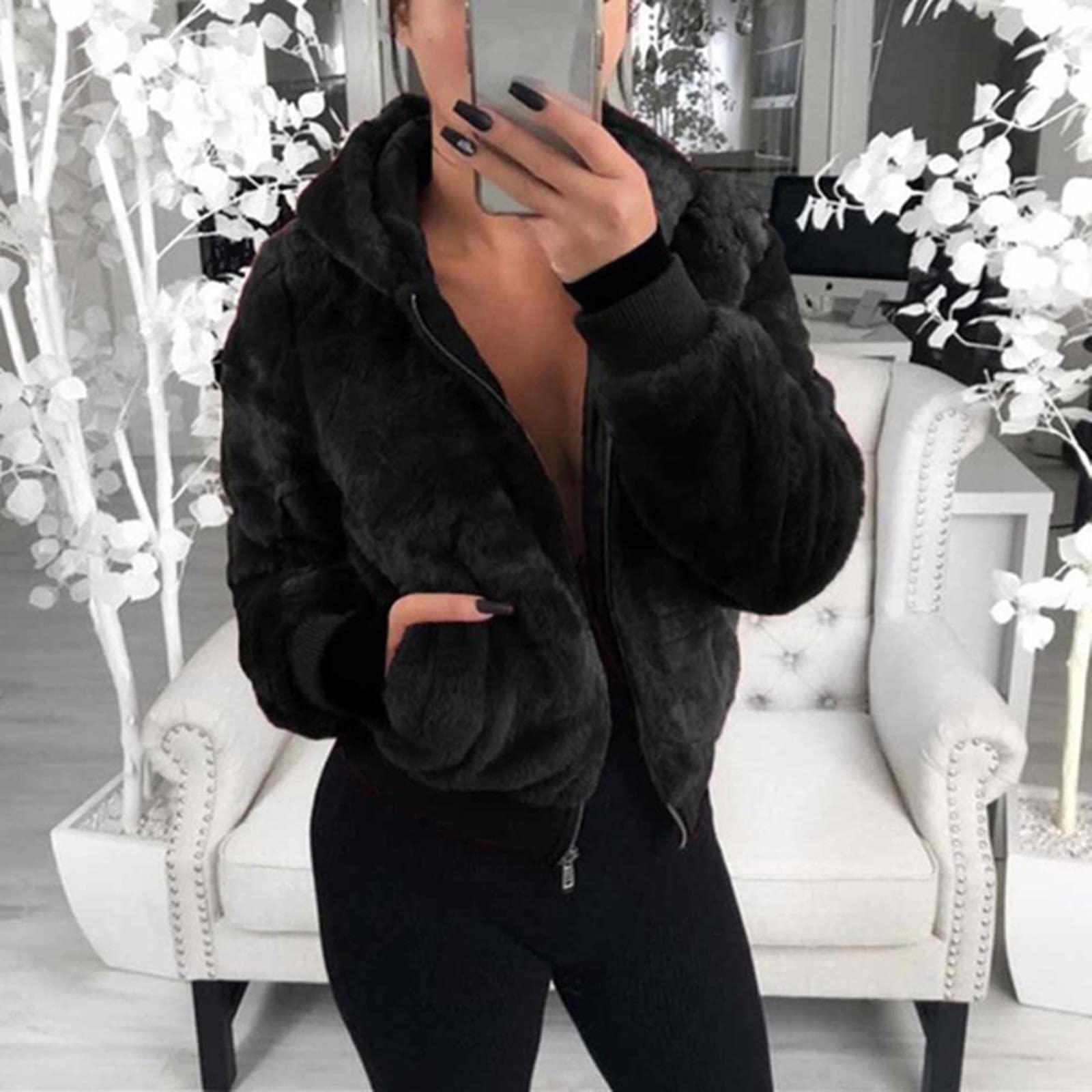 ZXCL Coat Women Winter Faux Fur Coat Thick new Fluffy Pockets