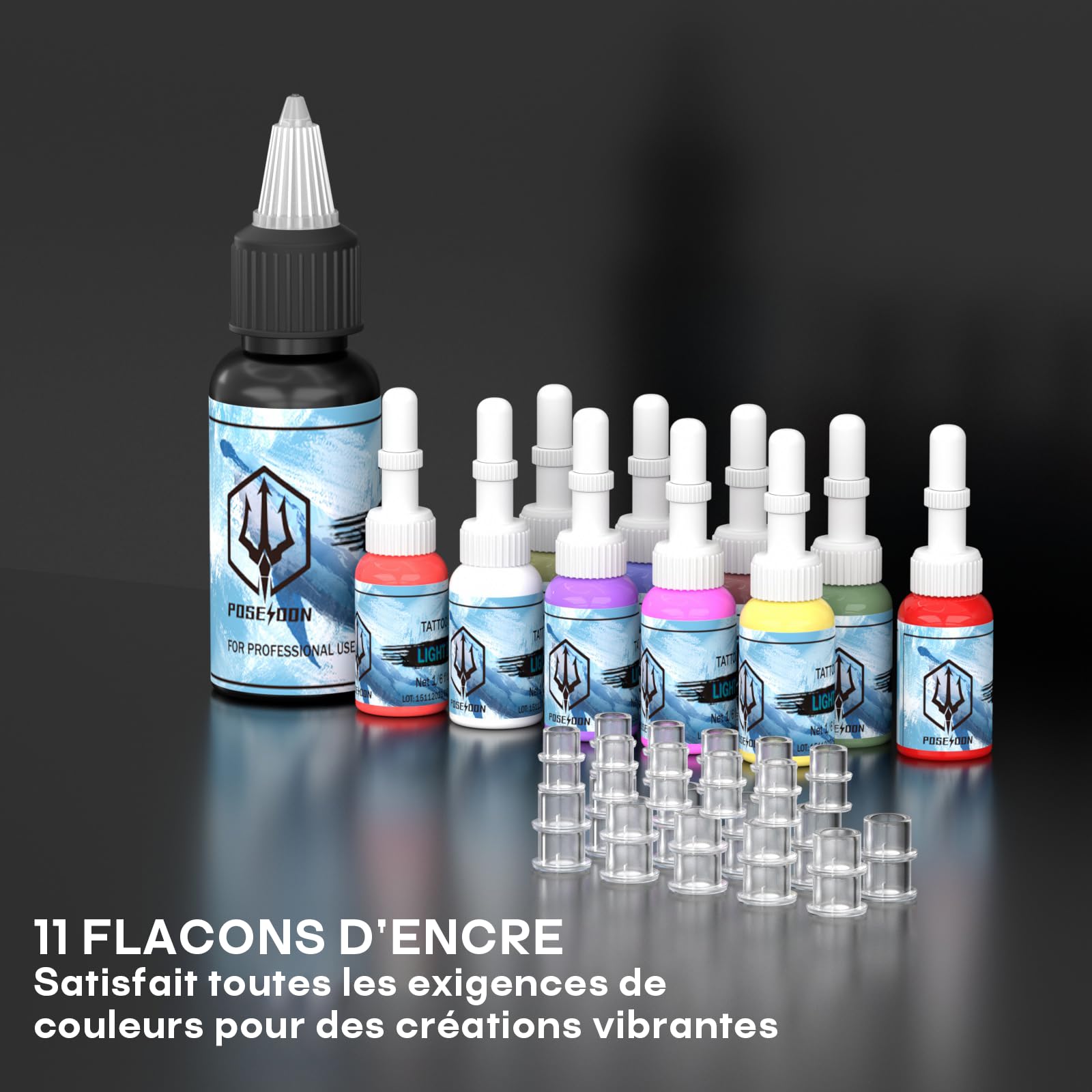 Kit de Machine à Tatouer Rotative Sans Fil POSEIDON avec 20 Cartouches d'Aiguilles,Encres & 2 Batteries Rechargeables | Pistolet à Tatouer Professionnel Portable pour Débutants | Fournitures Complètes