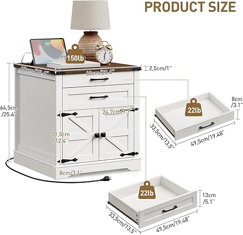 Miniatura 2 de Mesa auxiliar de granja con estación de carga, mesa auxiliar de sofá de 24 pulgadas con 2 cajones y puerta de granero, mesita de noche cuadrada de