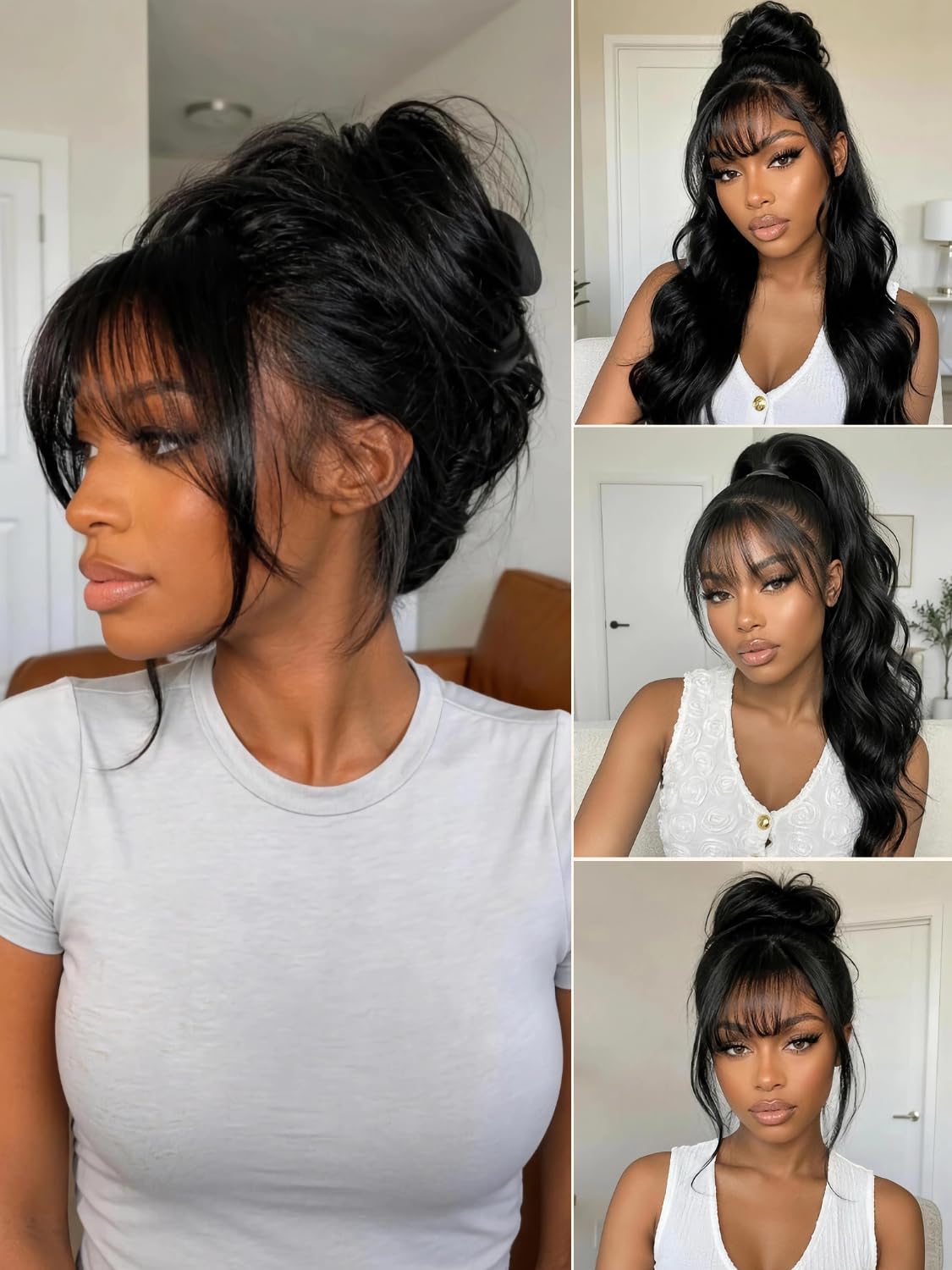 Julia Hair 13X4 HD Pre Everything Glueless Lace Frontal Wigs Human Hair Fluffy Natural Loose Wave Curtain Bangs Wig Pre Plucked Invisible Bleached Knots Pre Cut Lace Front Wig for Women 26 Inch