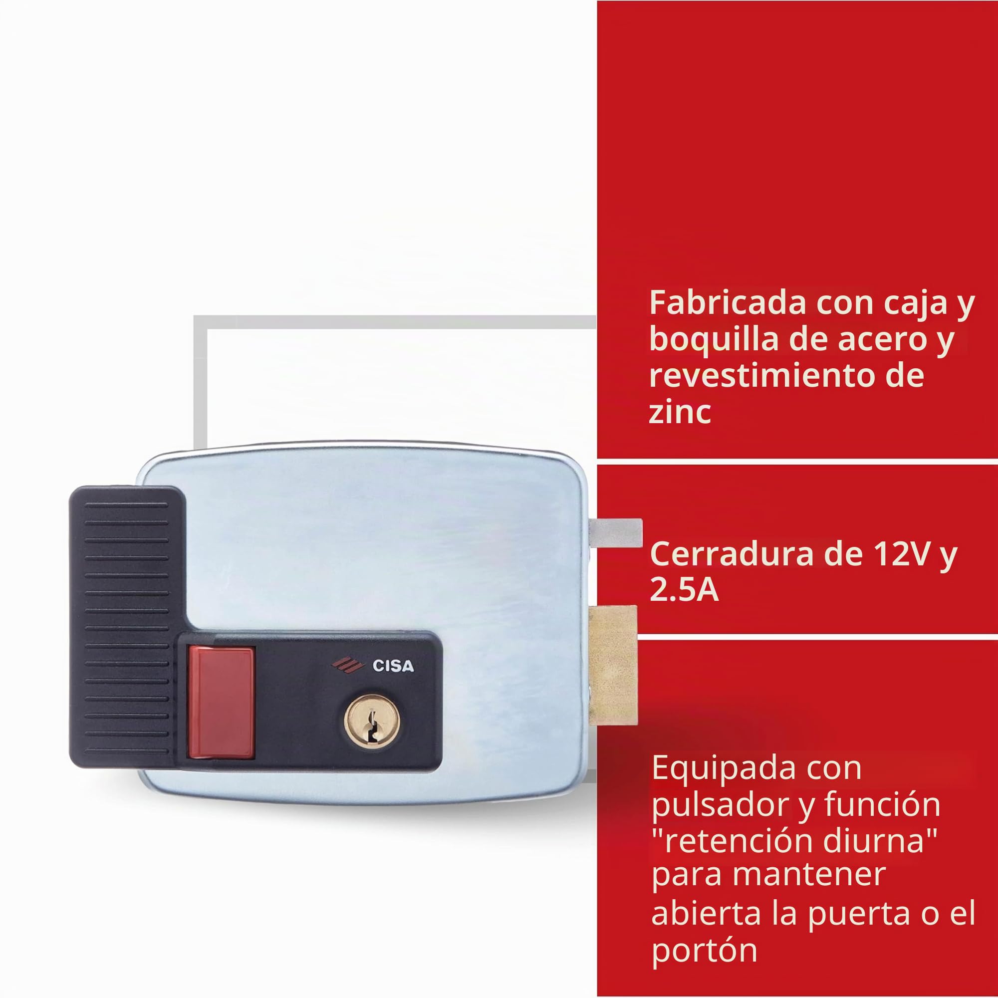 CISA - Cerradura eléctrica para aplicar 111731501 - Cerradura con cerrojo de mandas, techo protector y debajo de la boquilla - Entrada 50 con botón interno - mano derecha