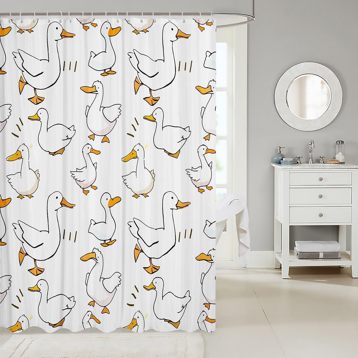Homewish Cartoon Duck Shower Curtain,Lovely Goose Funny Sketch White Bath Curtain with Hooks,Cute Farmhouse Livestock Animal Waterproof Bathroom Accessories for Bathtublet, 72Wx84L inch