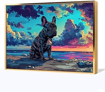 Amazon.co.jp: 絵画 ビーチで物思いにふけるフレンチ ブルドッグ