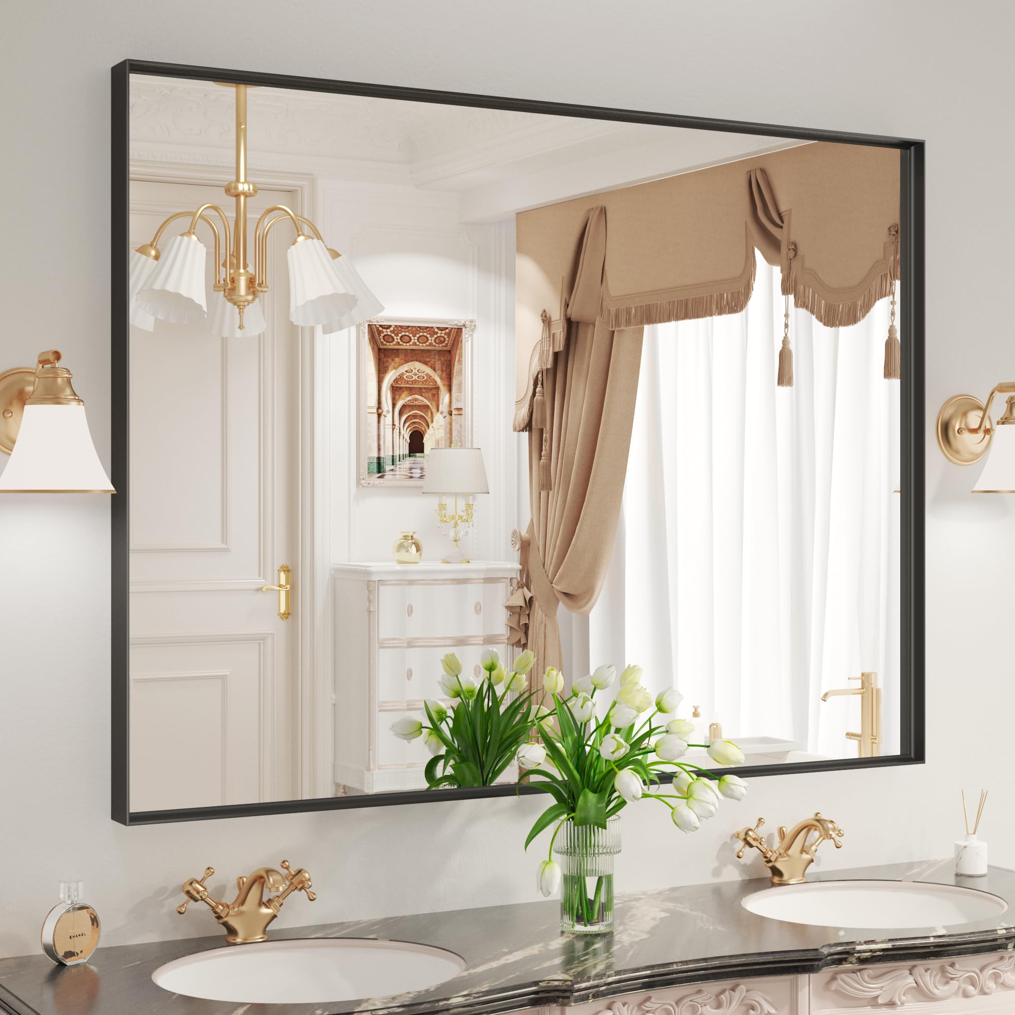 Photo 1 of LOAAO Black Bathroom Mirror 48"X36" for Wall, Rectangle Bathroom Vanity Mirror, Tempered Glass, Hangs Vertically or Horizontally, Easy to Install, Modern Design